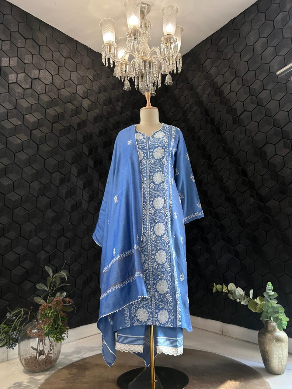 Cobalt blue munga silk chikankari kurta set
