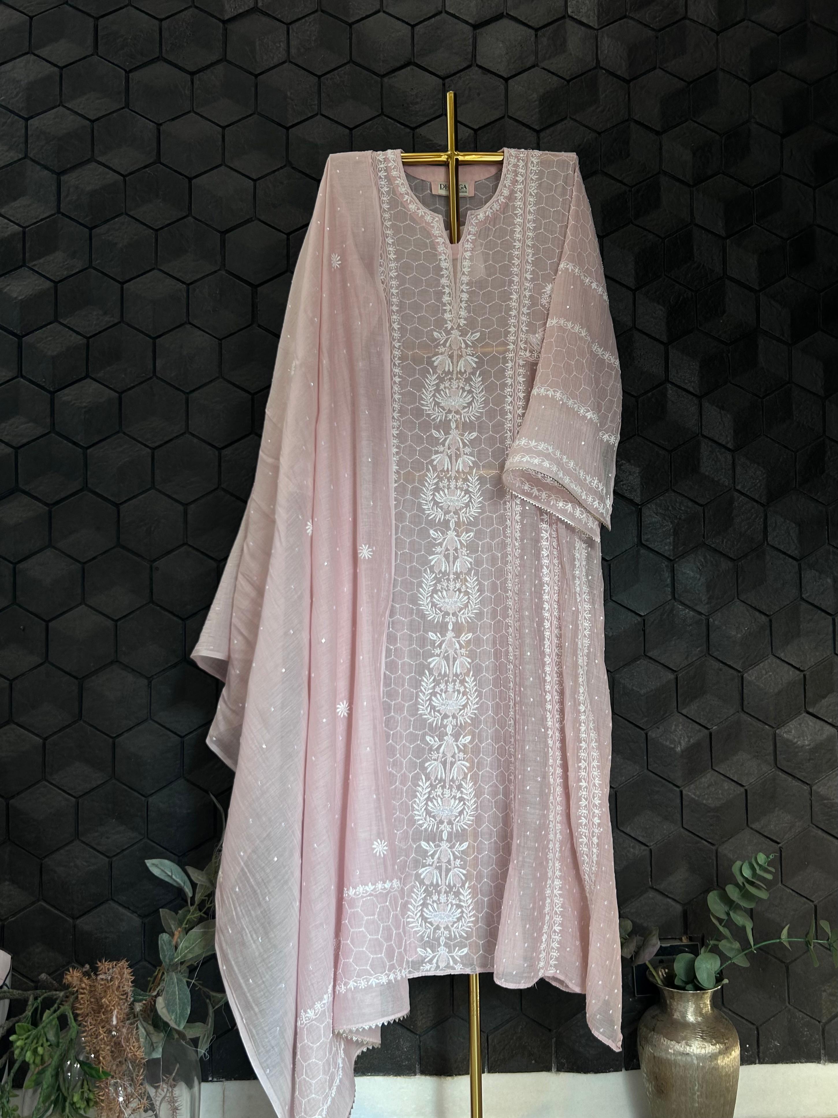 Pink mul chanderi chikankari anarkali set