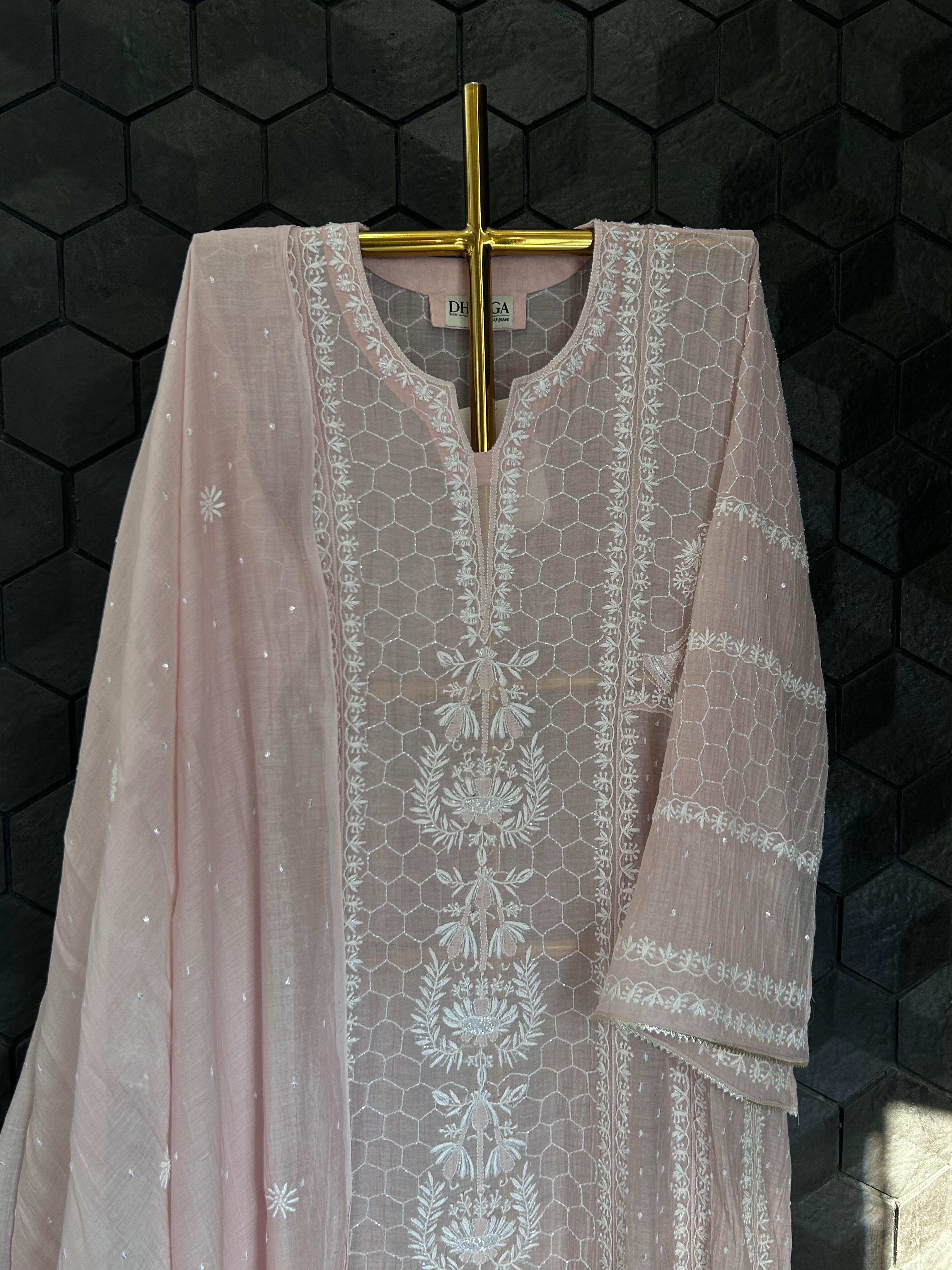 Pink mul chanderi chikankari anarkali set