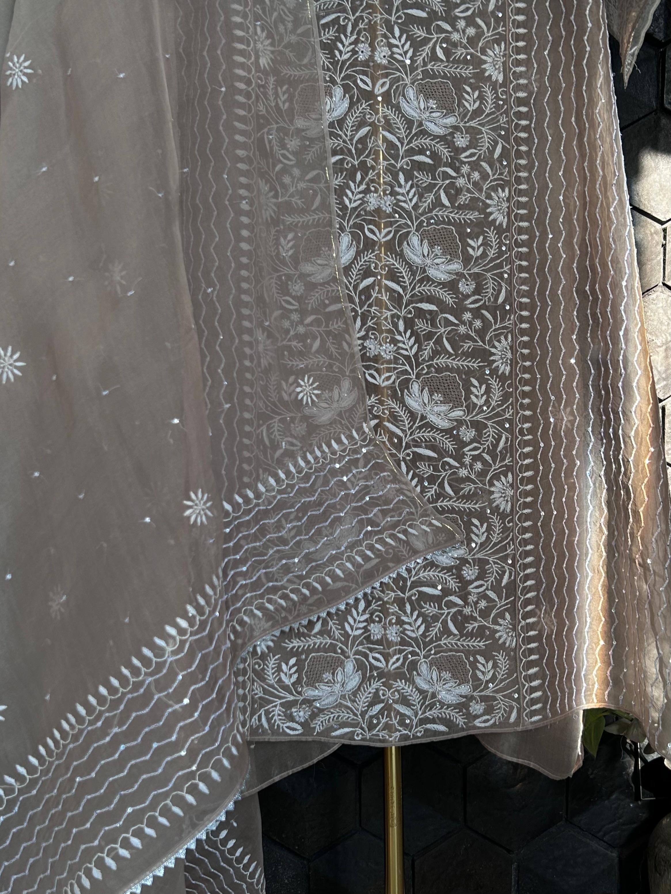 Brown organza chikankari kurta set