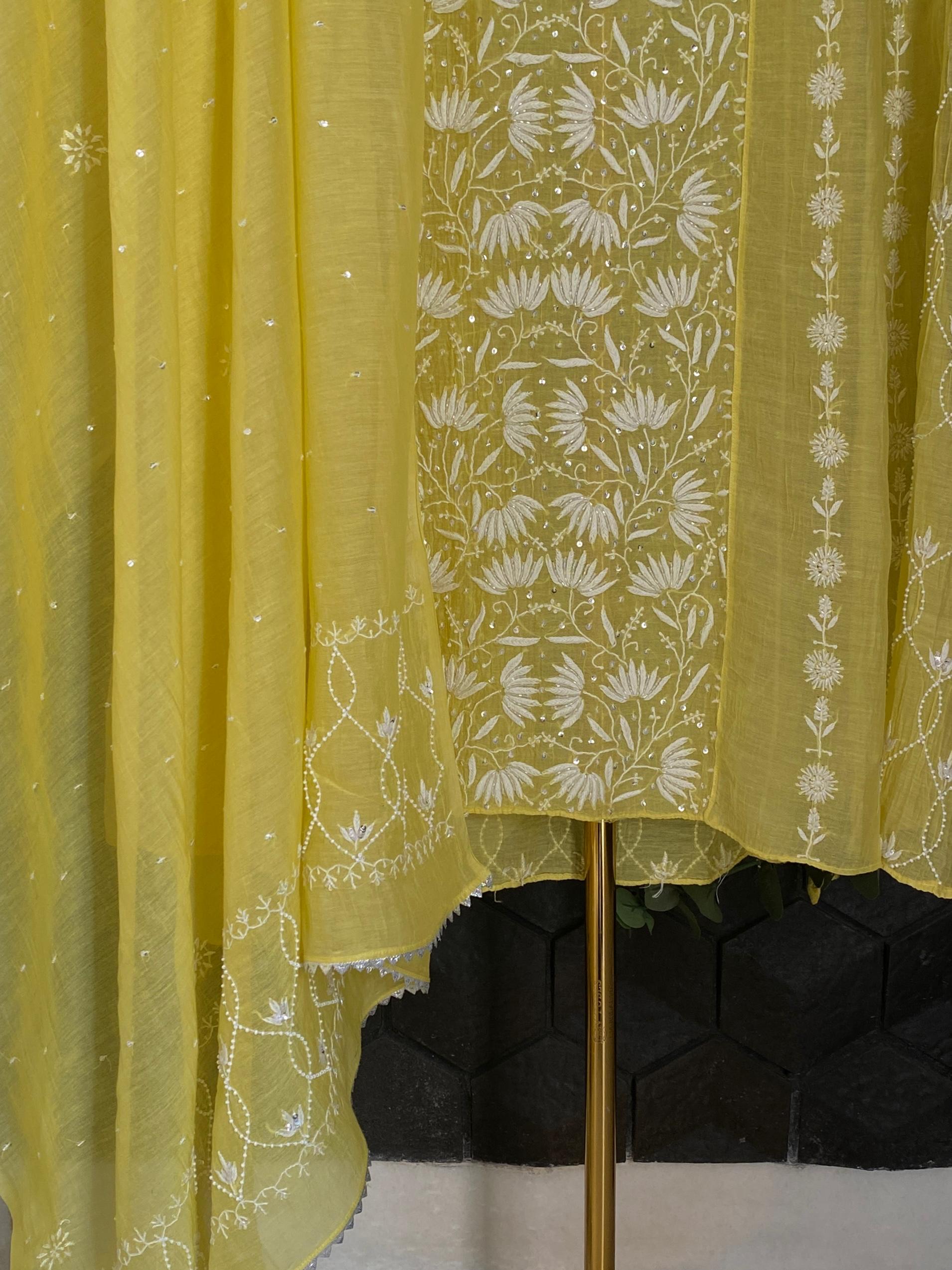 Lime Yellow Mul chanderi Anarkali set