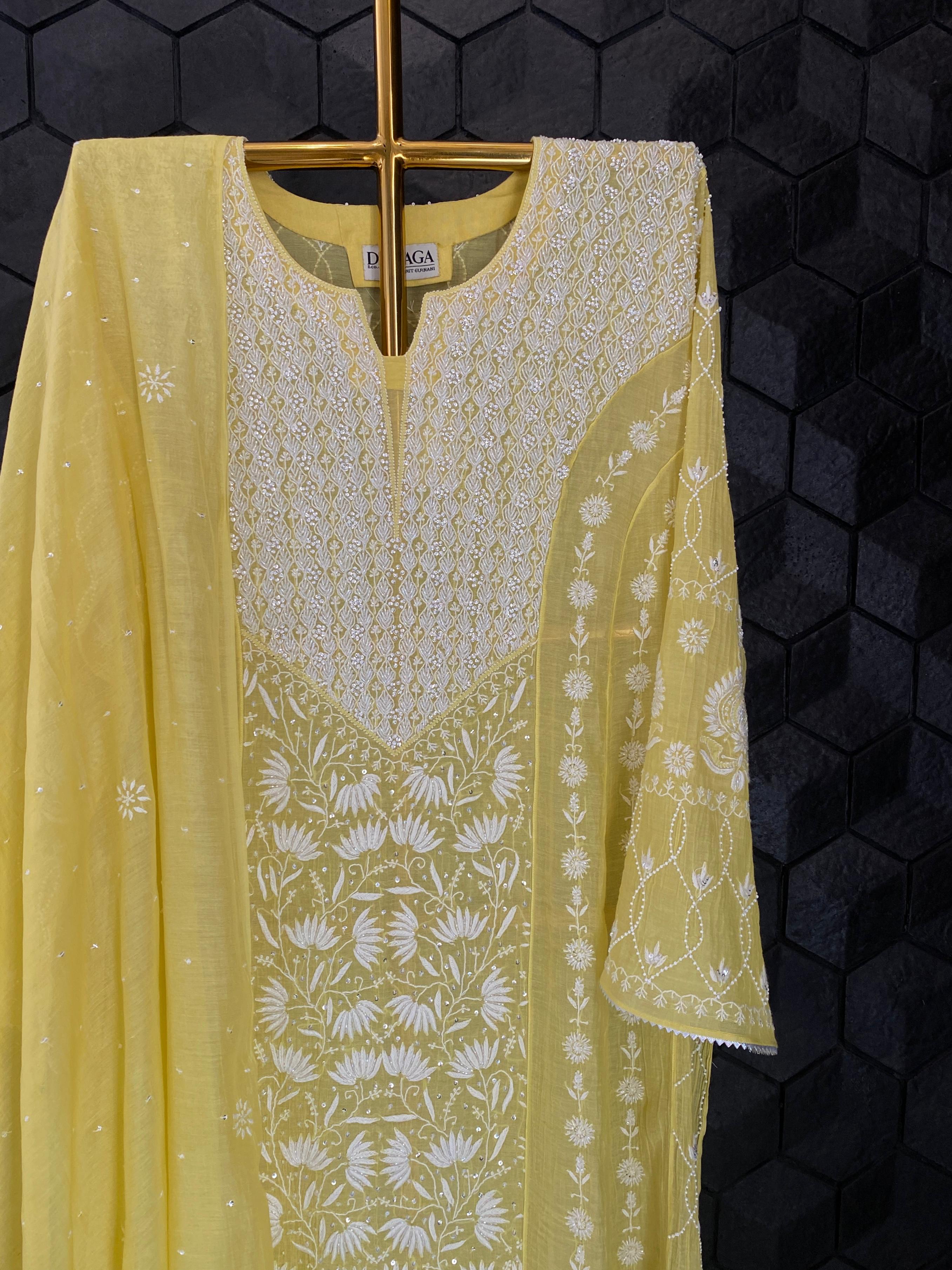 Lime Yellow Mul chanderi Anarkali set