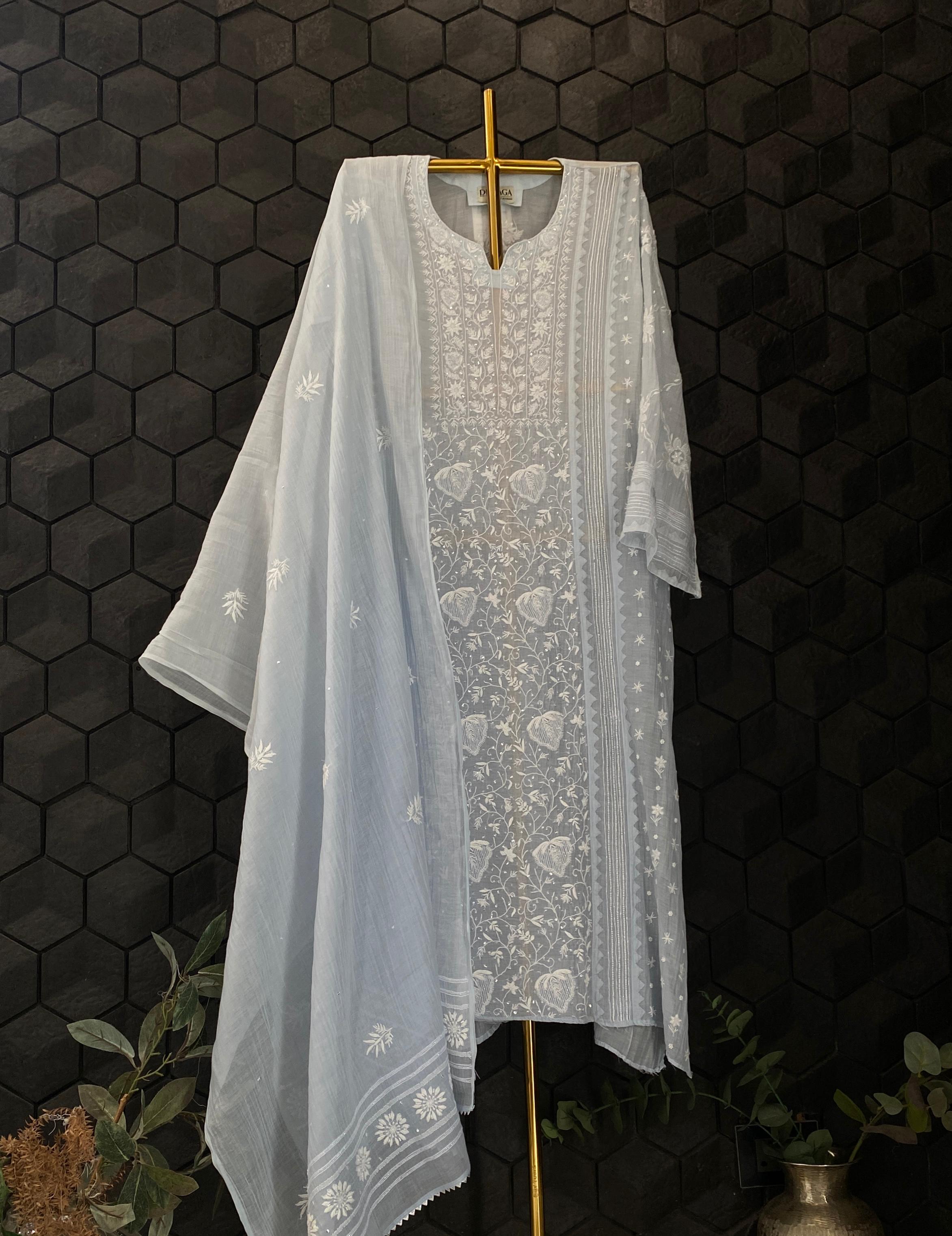 Sky blue mul chanderi chikankari kurta set
