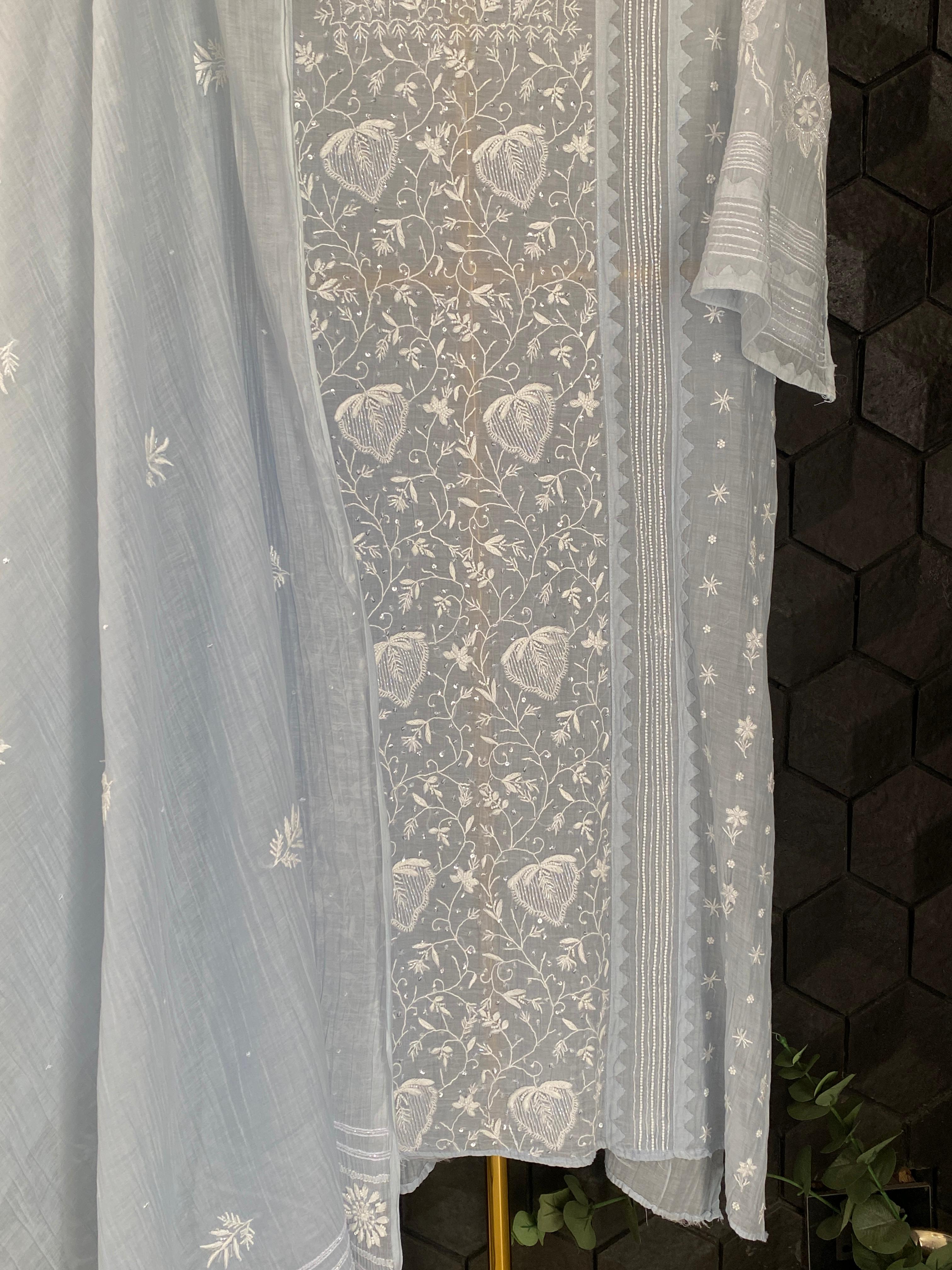 Sky blue mul chanderi chikankari kurta set
