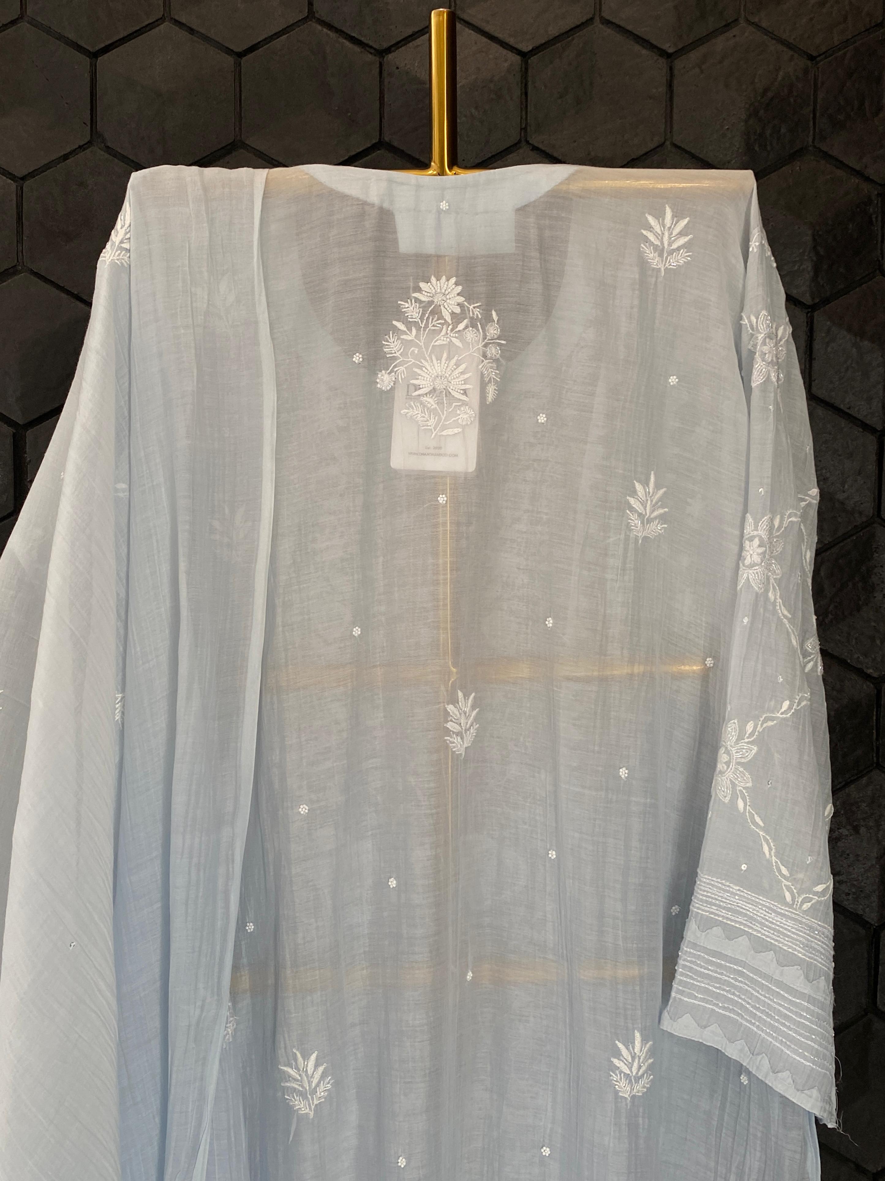 Sky blue mul chanderi chikankari kurta set