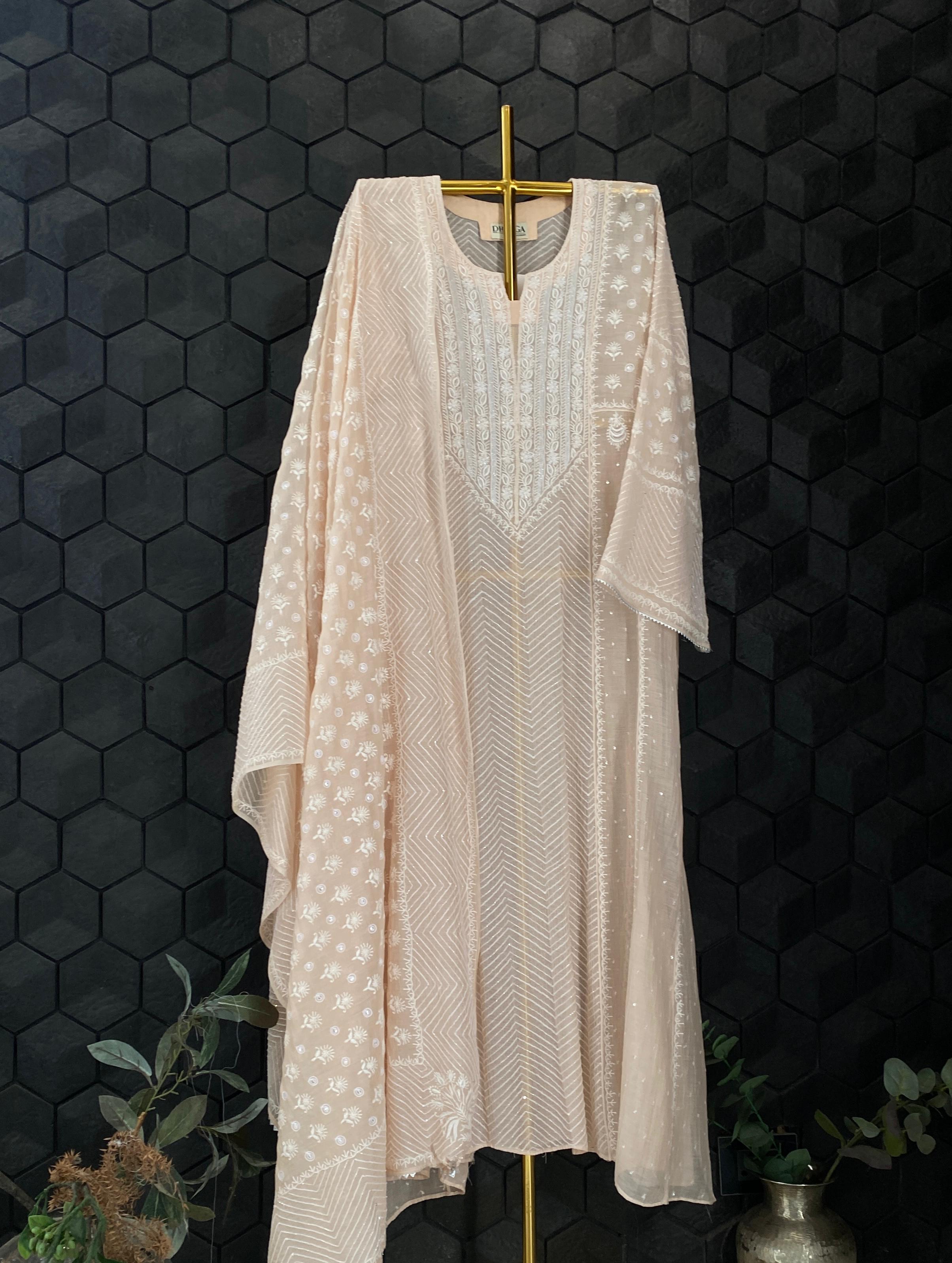 Peach mul chanderi chikankari anarkali set