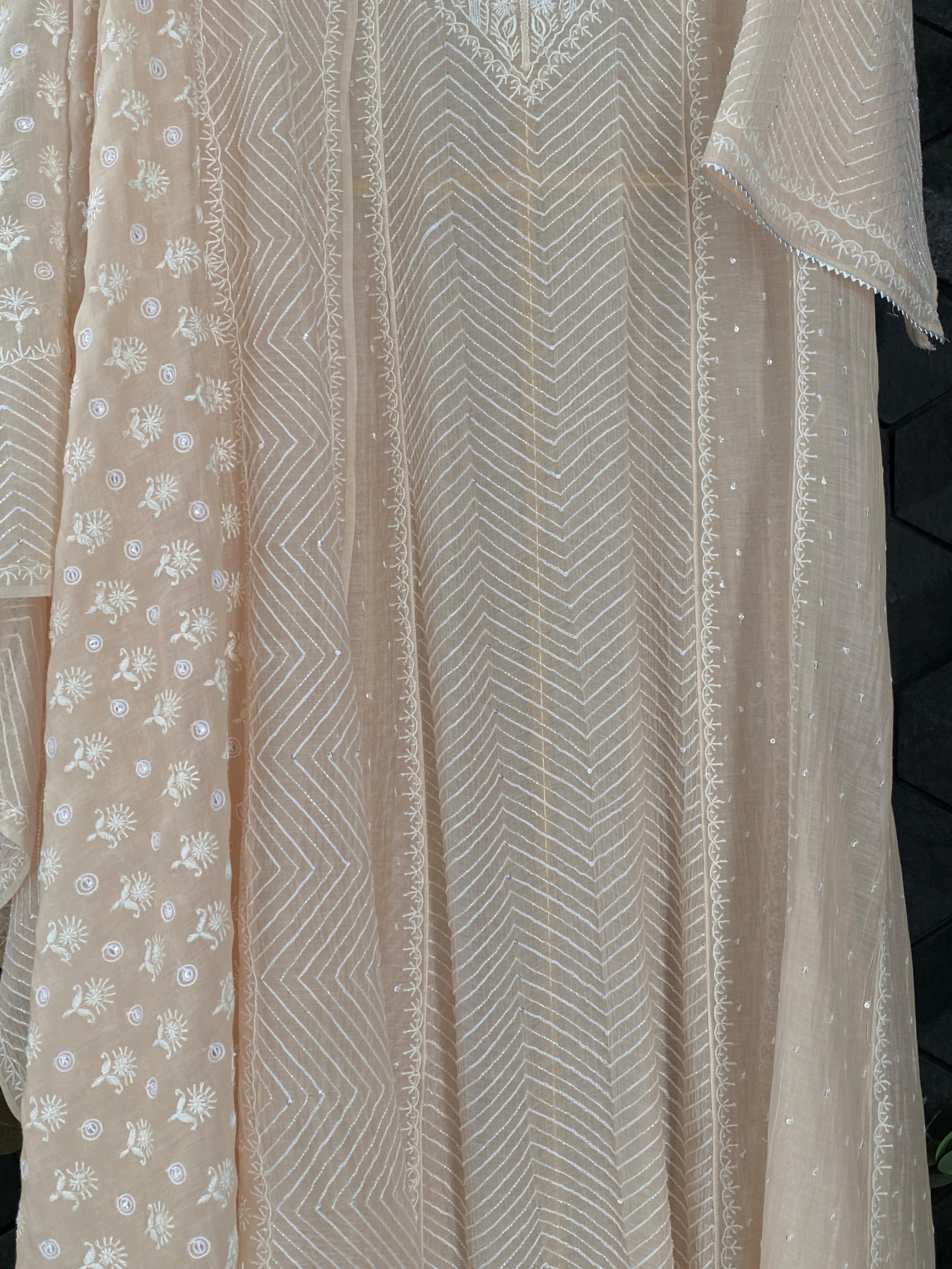 Peach mul chanderi chikankari anarkali set