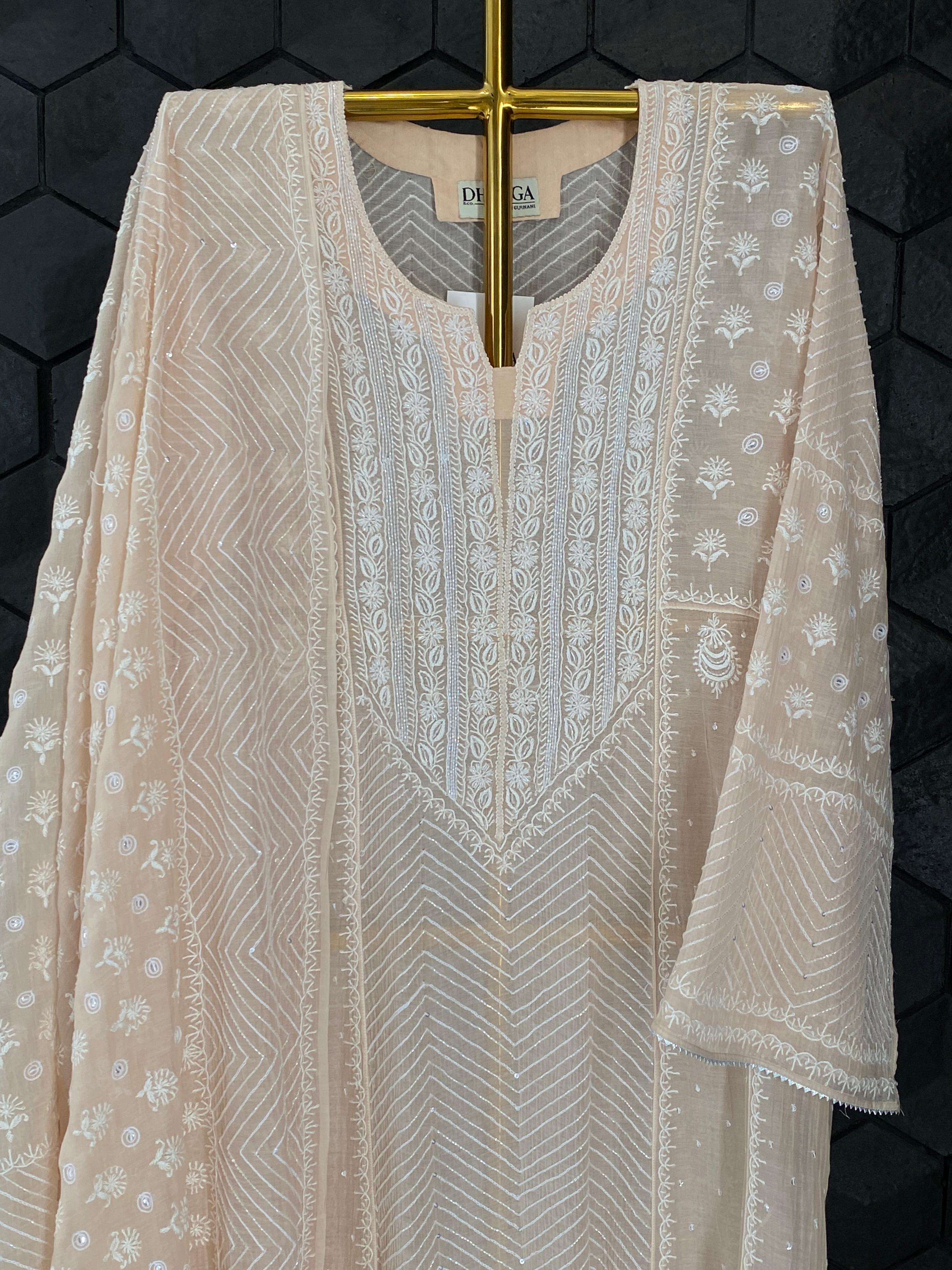 Peach mul chanderi chikankari anarkali set
