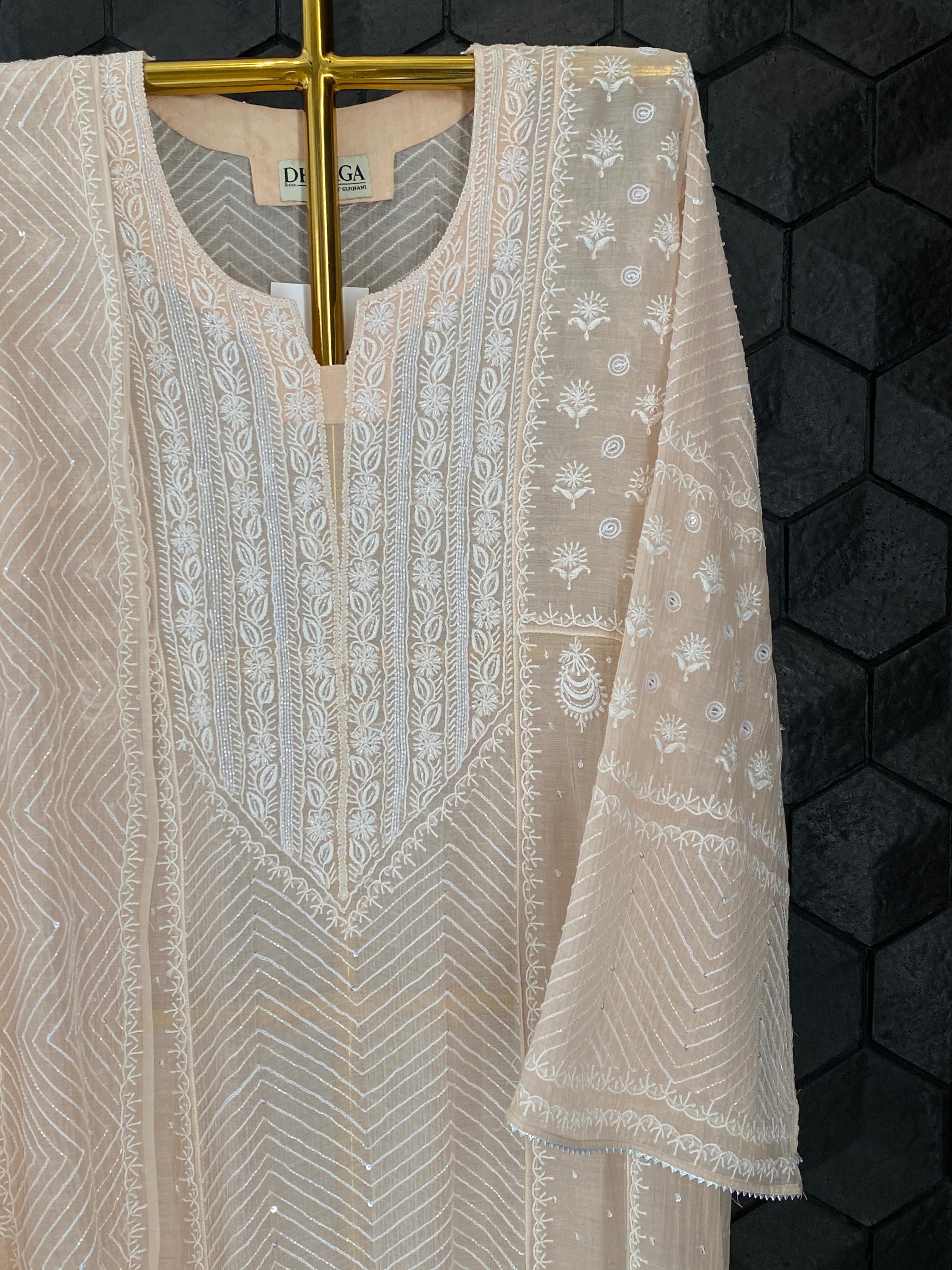 Peach mul chanderi chikankari anarkali set