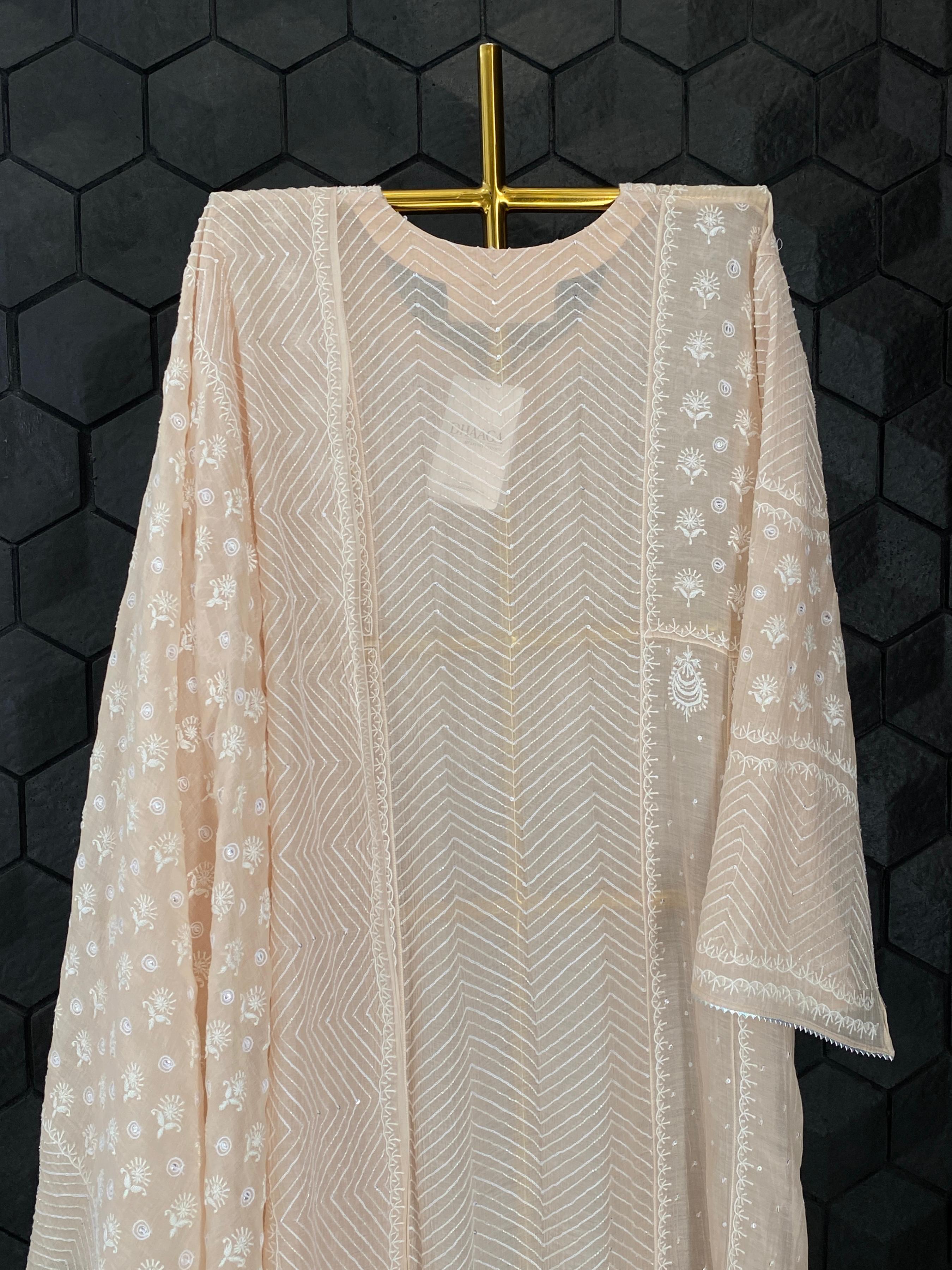 Peach mul chanderi chikankari anarkali set