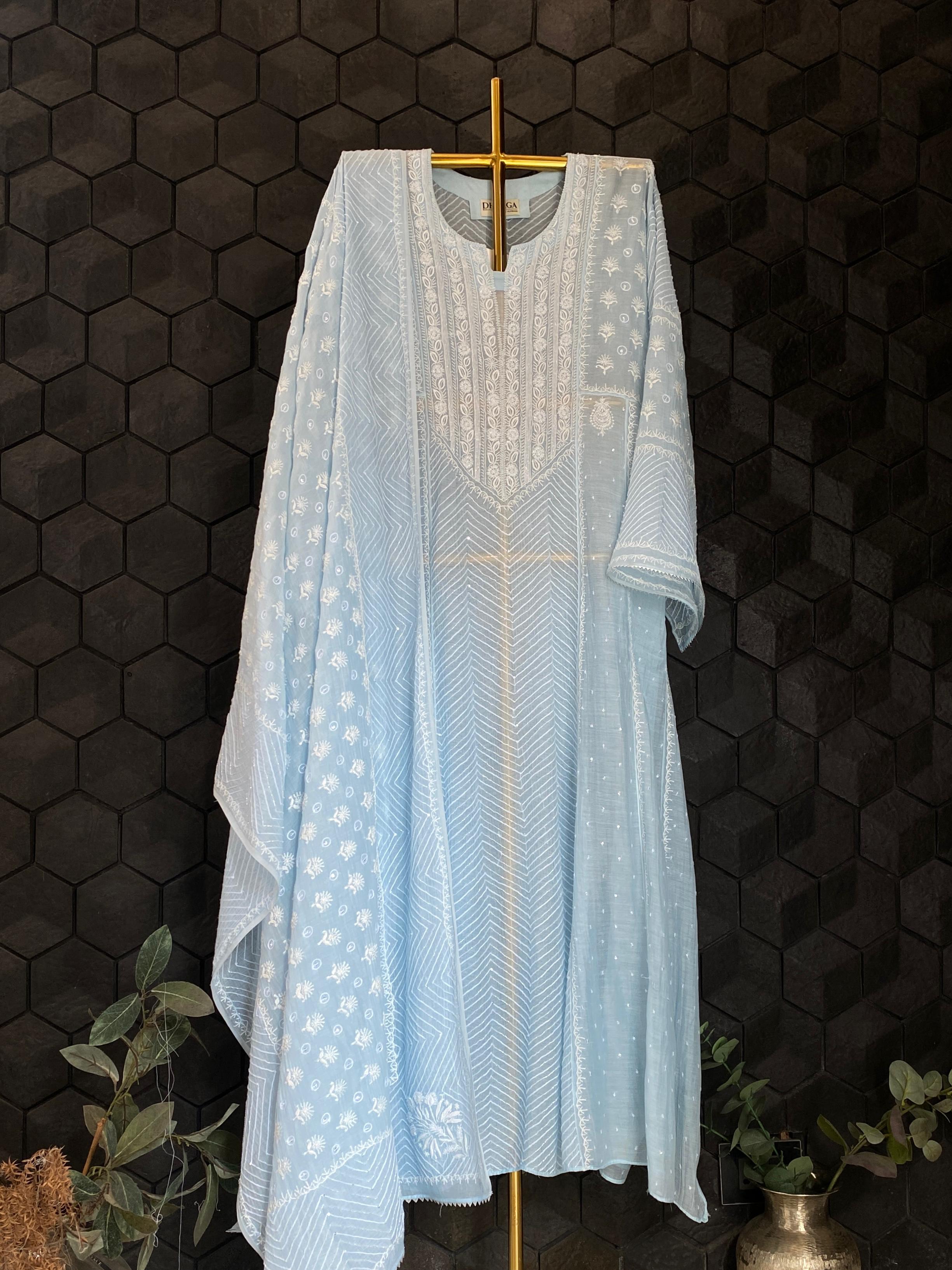 Sky blue mul chanderi chikankari Anarkali set