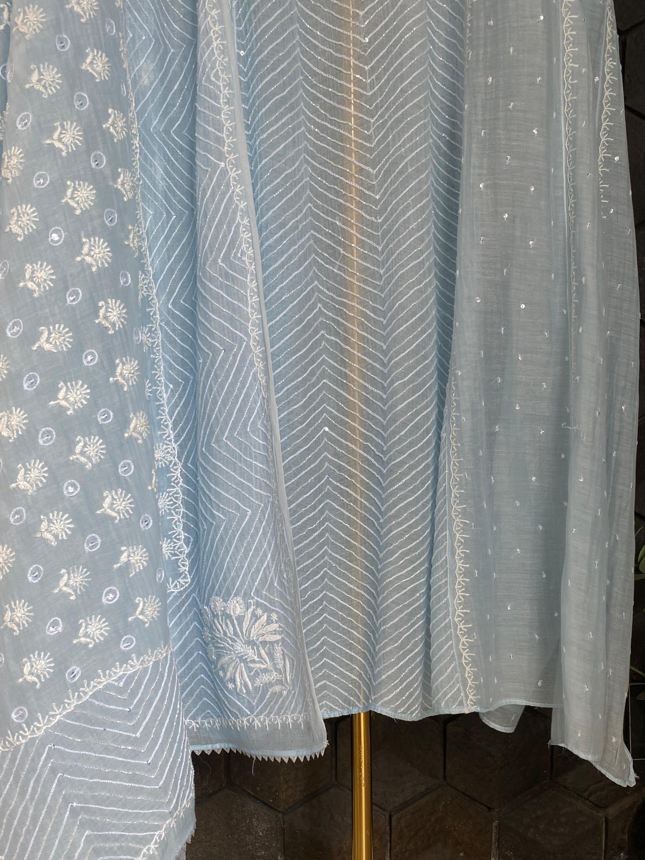 Sky blue mul chanderi chikankari Anarkali set