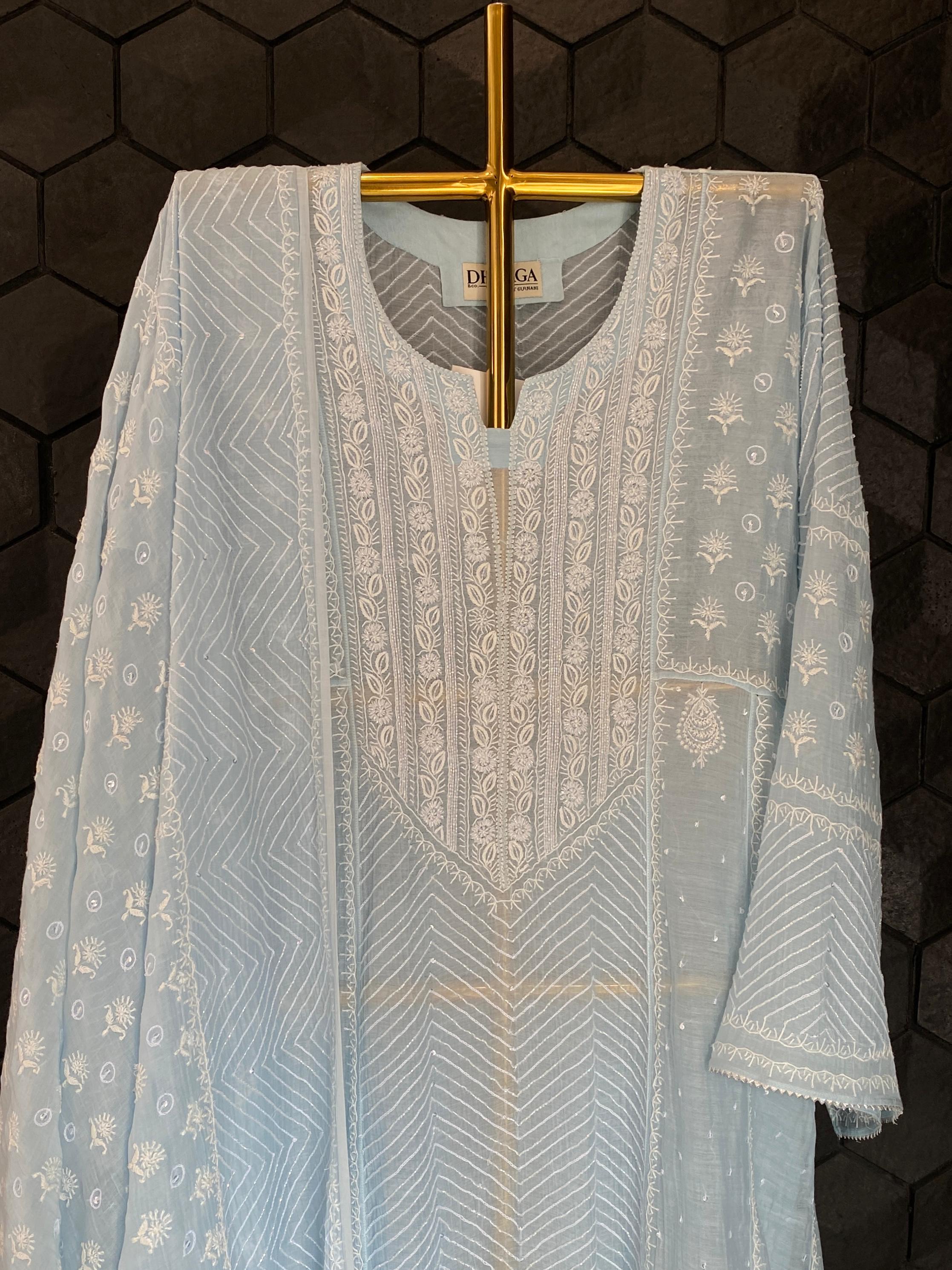 Sky blue mul chanderi chikankari Anarkali set