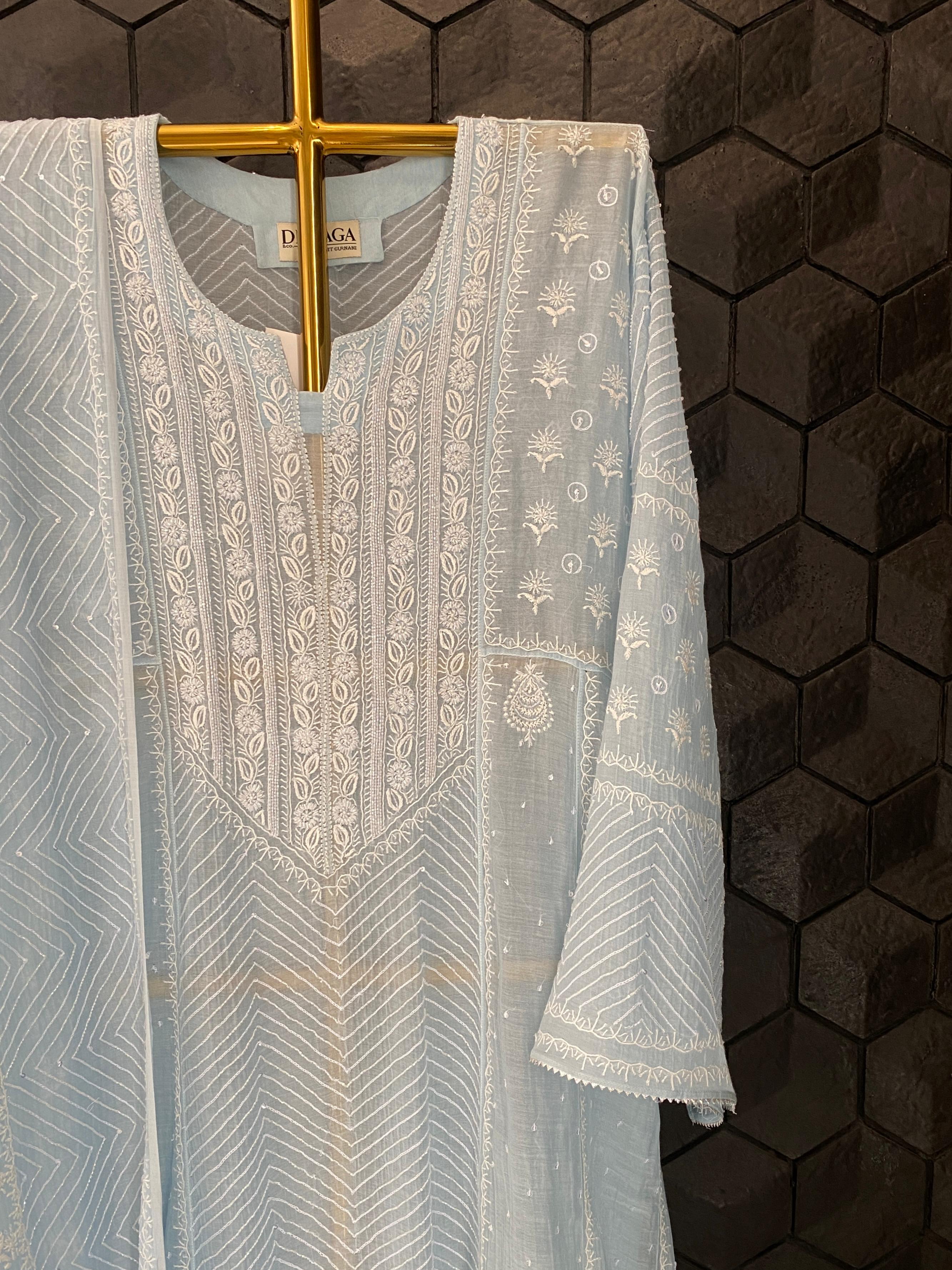 Sky blue mul chanderi chikankari Anarkali set