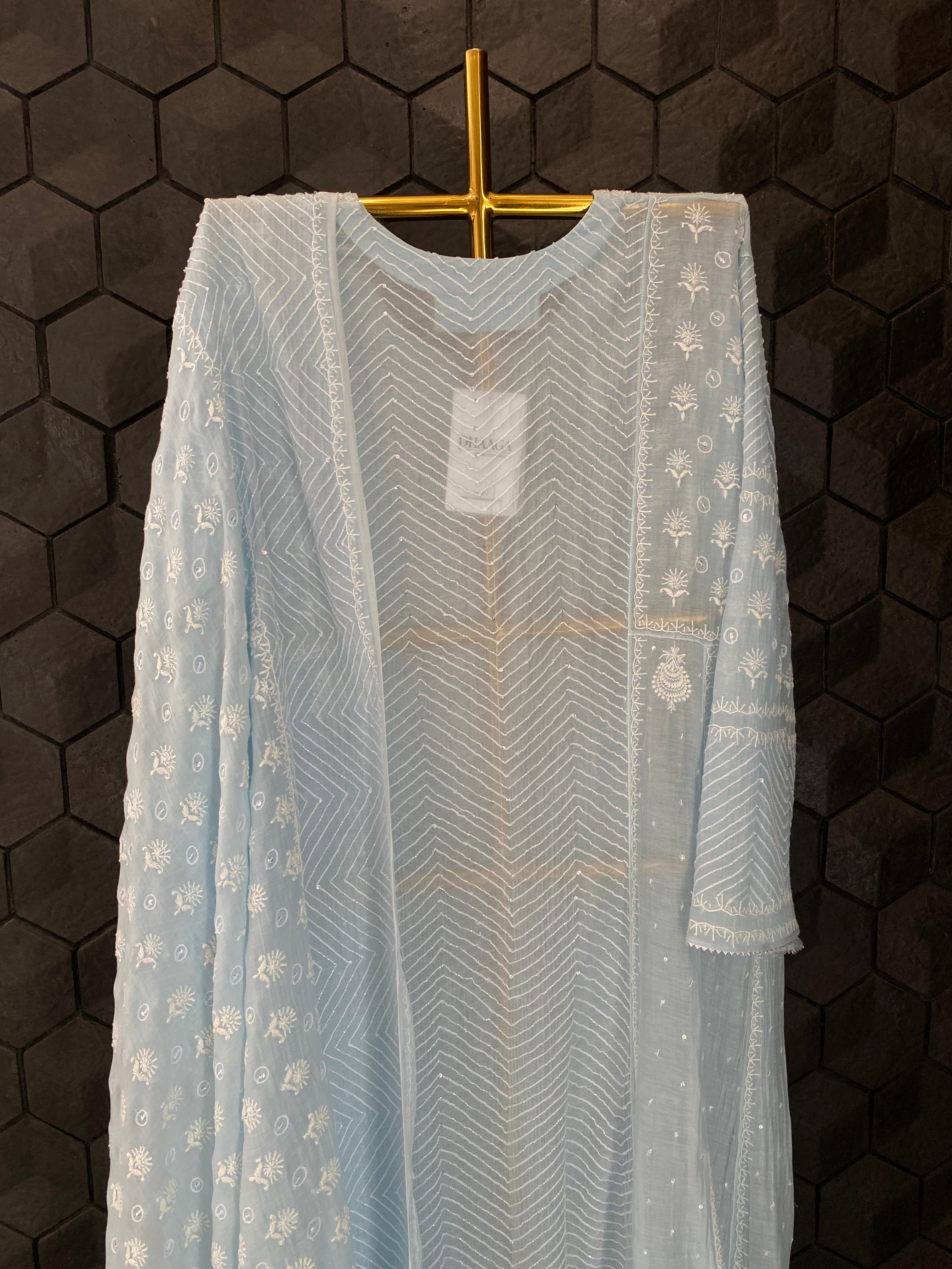 Sky blue mul chanderi chikankari Anarkali set