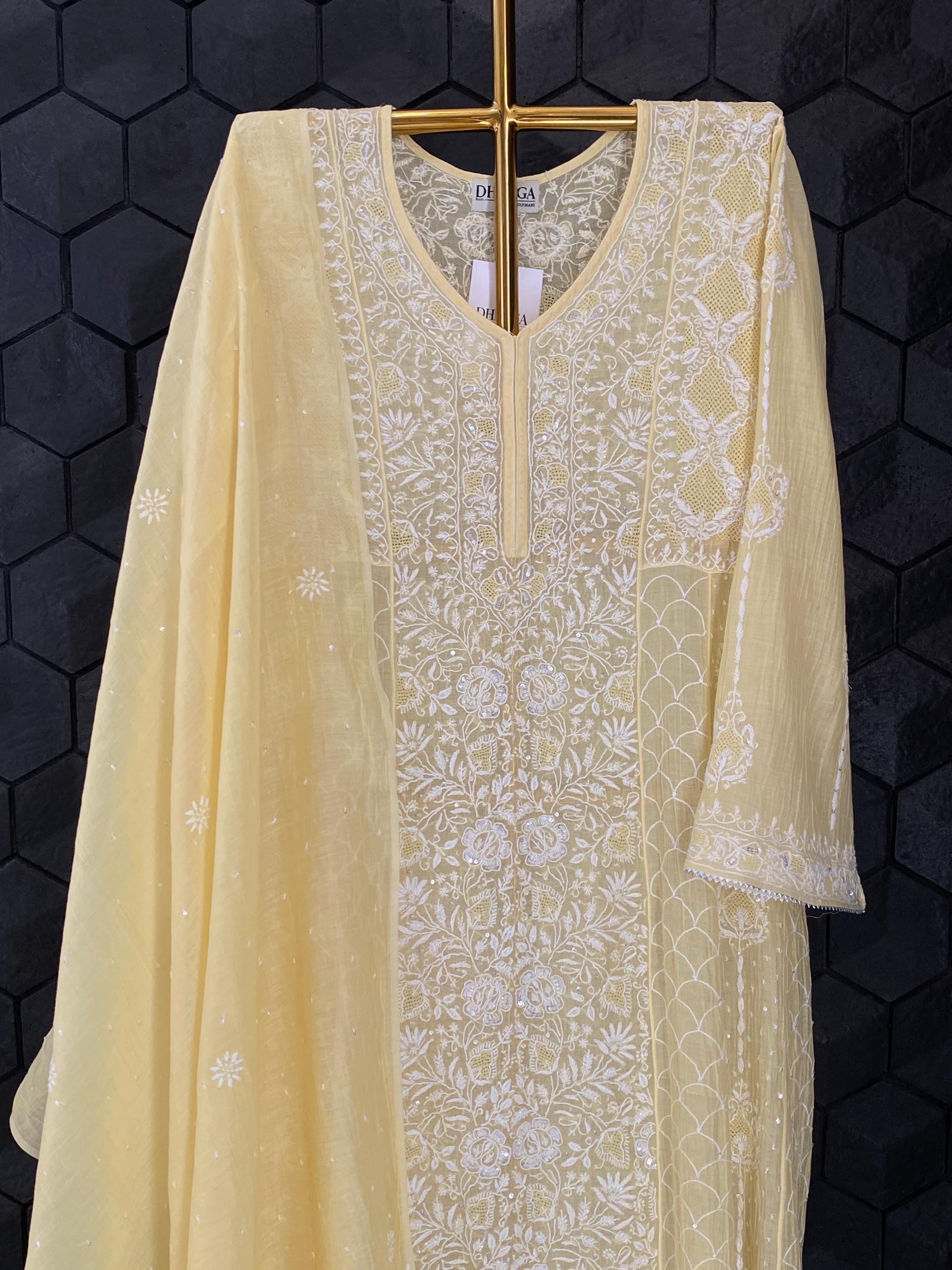 Yellow mul chanderi chikankari anarkali set
