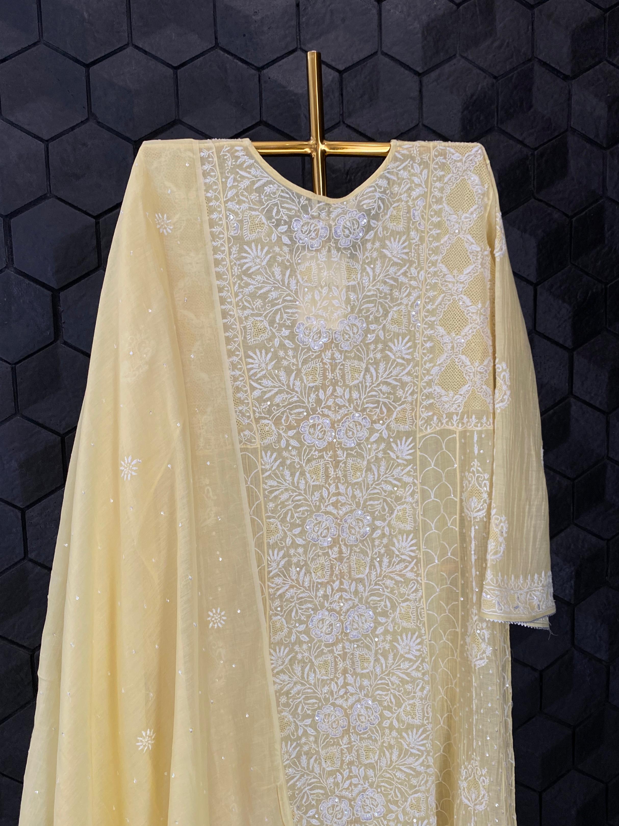 Yellow mul chanderi chikankari anarkali set