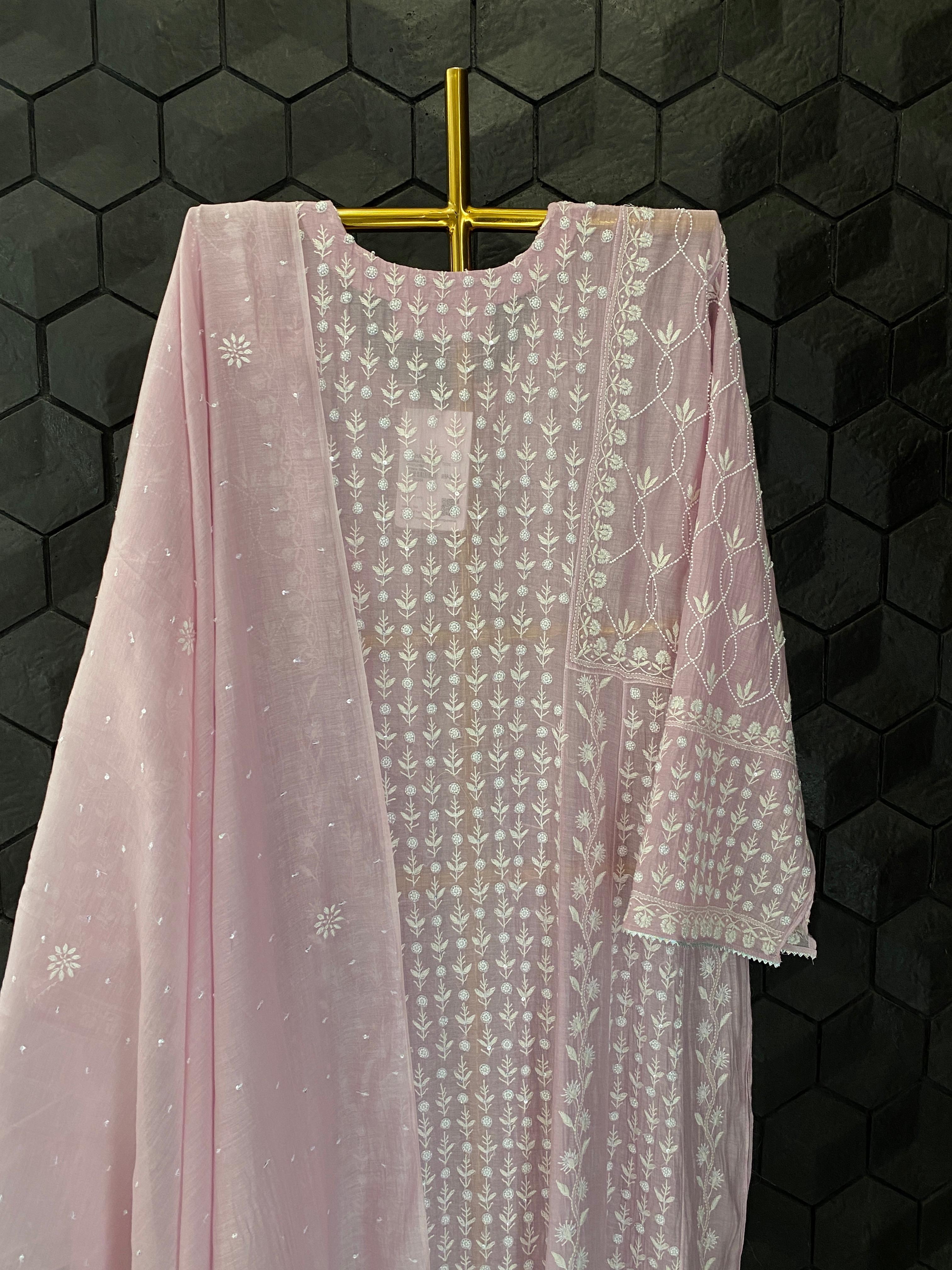 Purple mul chanderi chikankari anarkali set