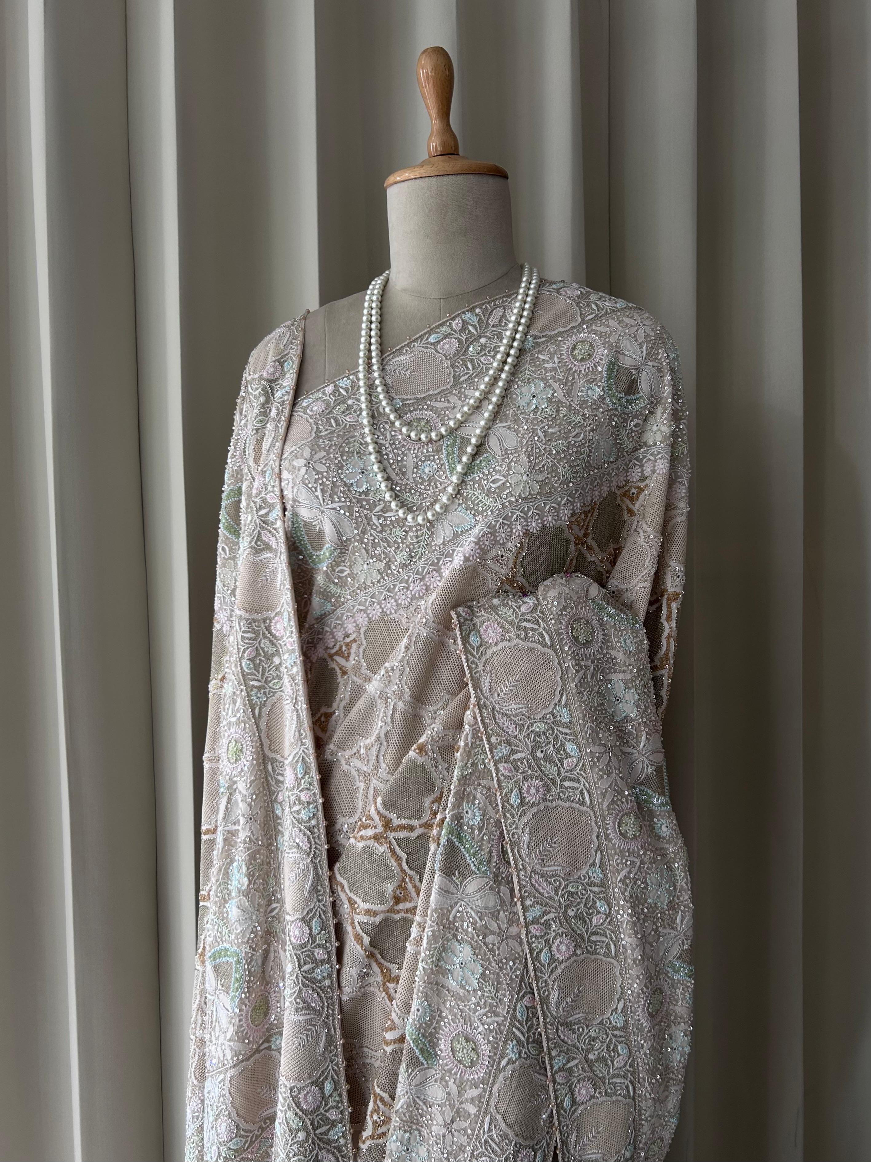 Ivory ek-taar georgette chikankari saree