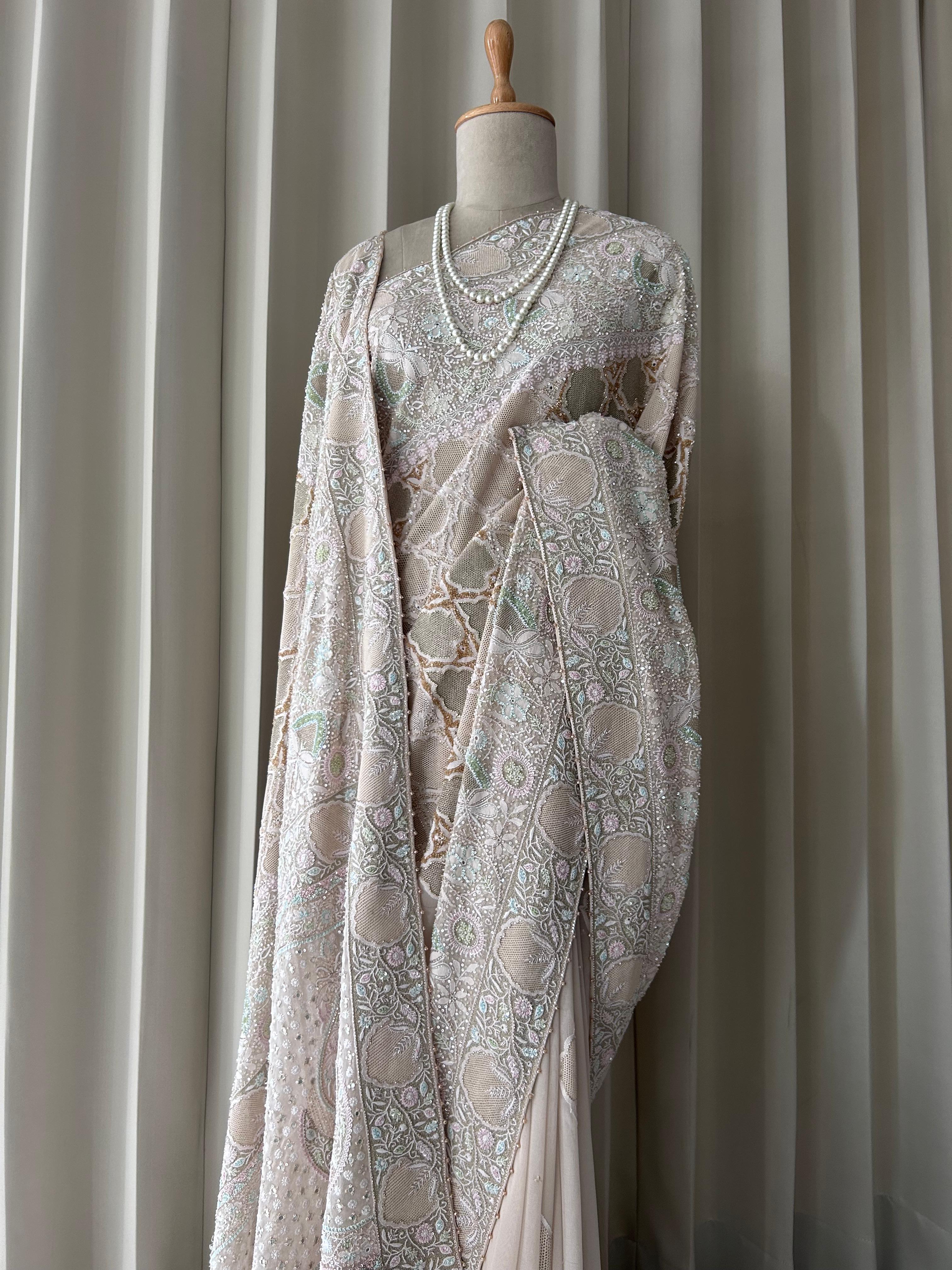 Ivory ek-taar georgette chikankari saree