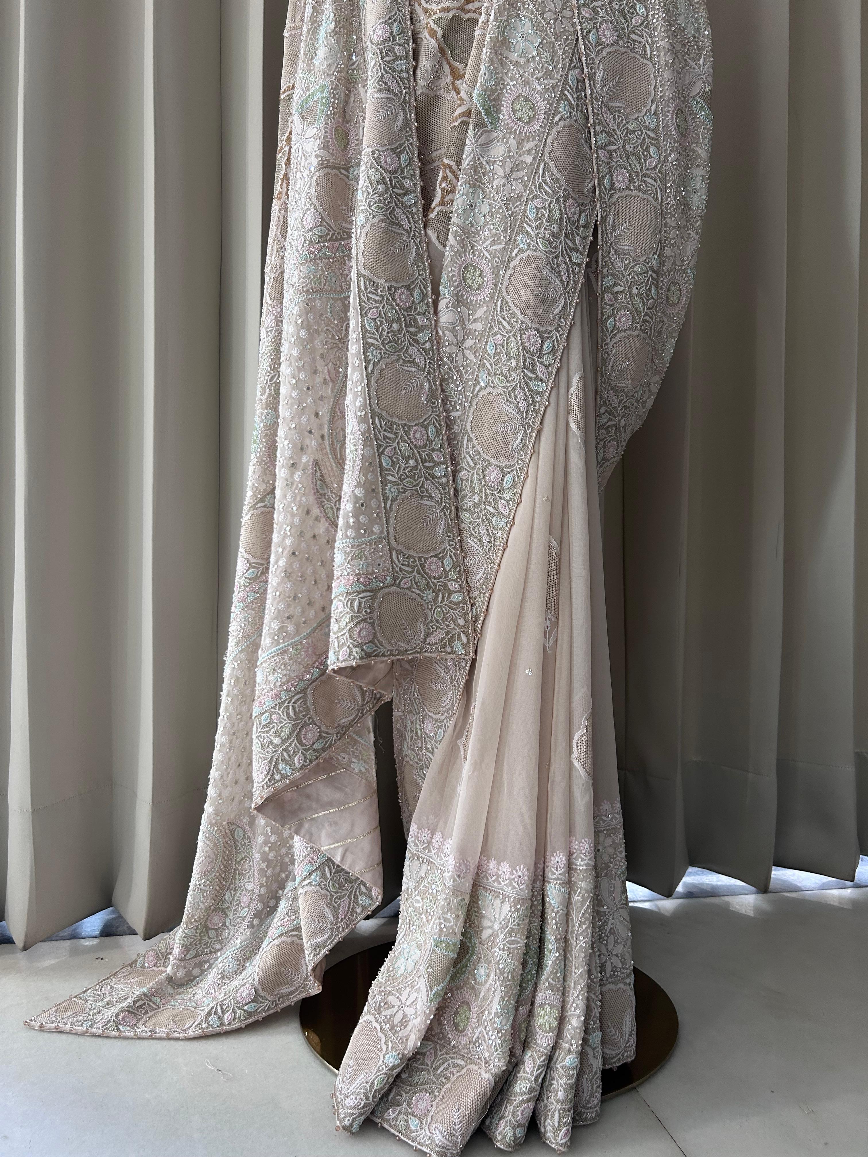 Ivory ek-taar georgette chikankari saree