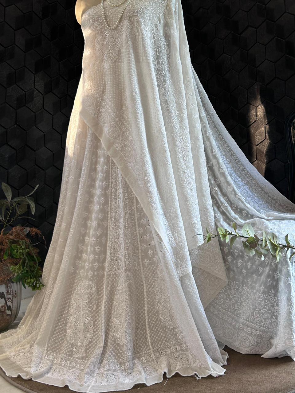 Classic White Chiffon Ek-taar chikankari lehenga set