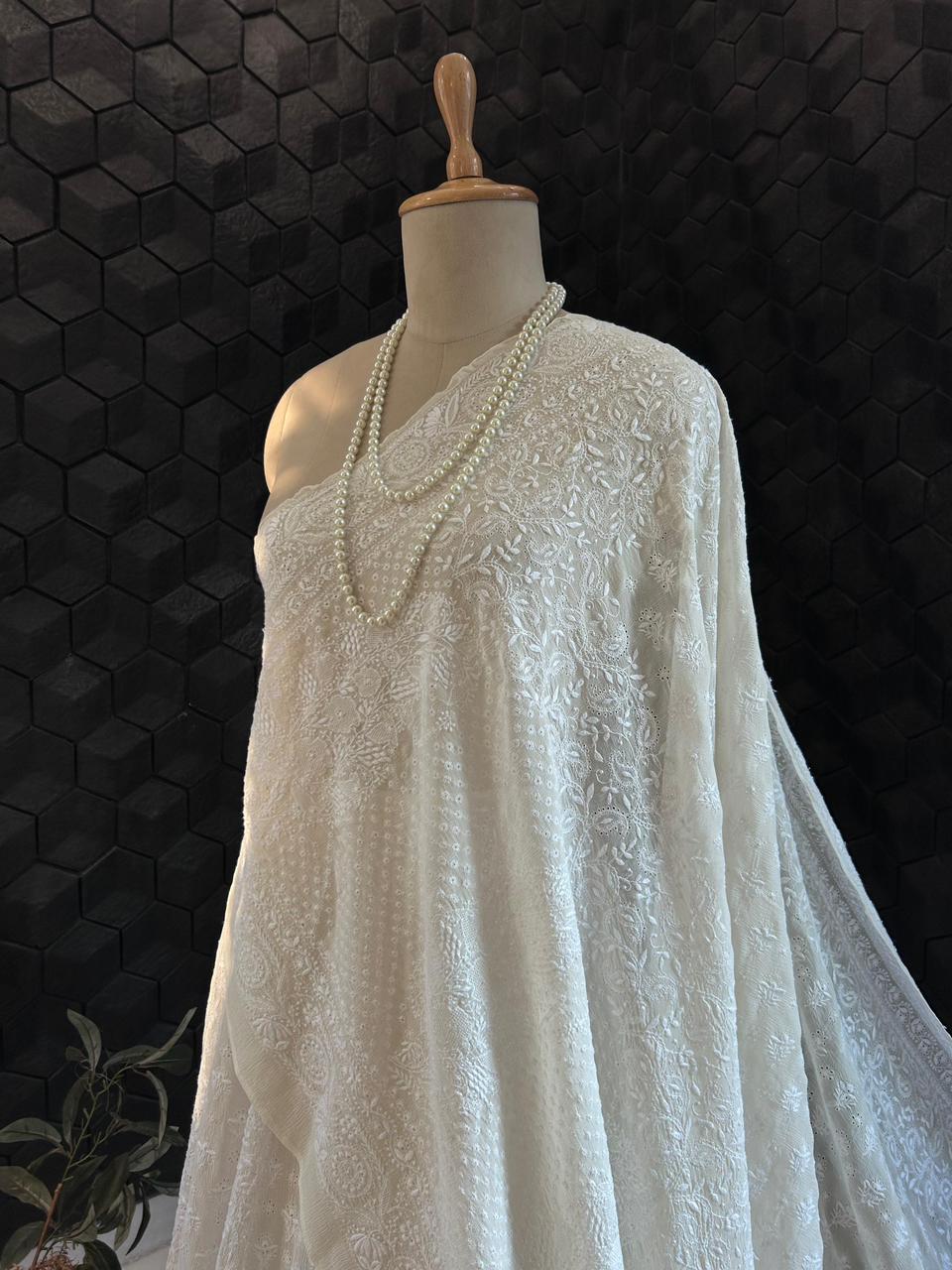 Classic White Chiffon Ek-taar chikankari lehenga set