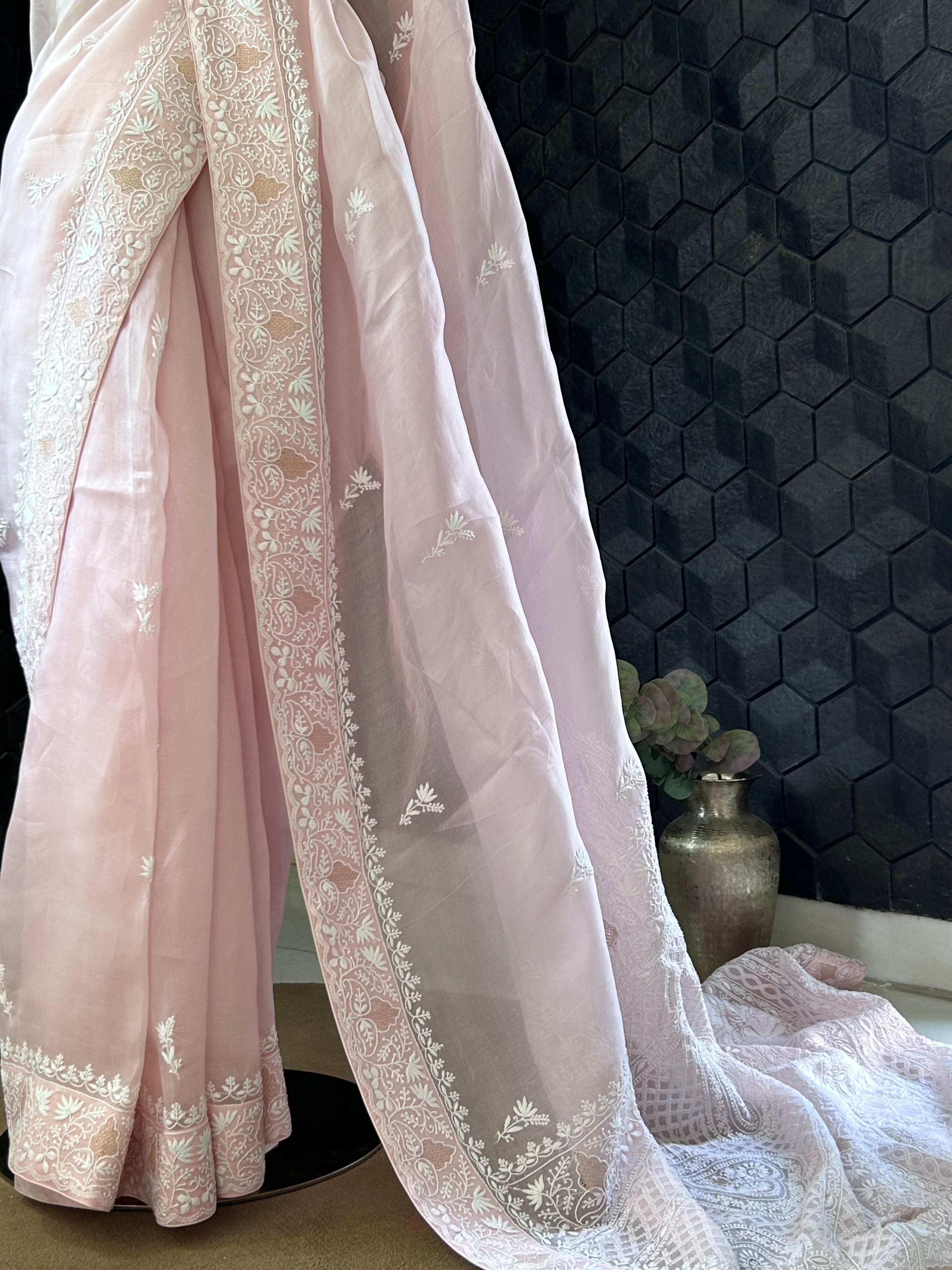 Pink organza chikankari saree
