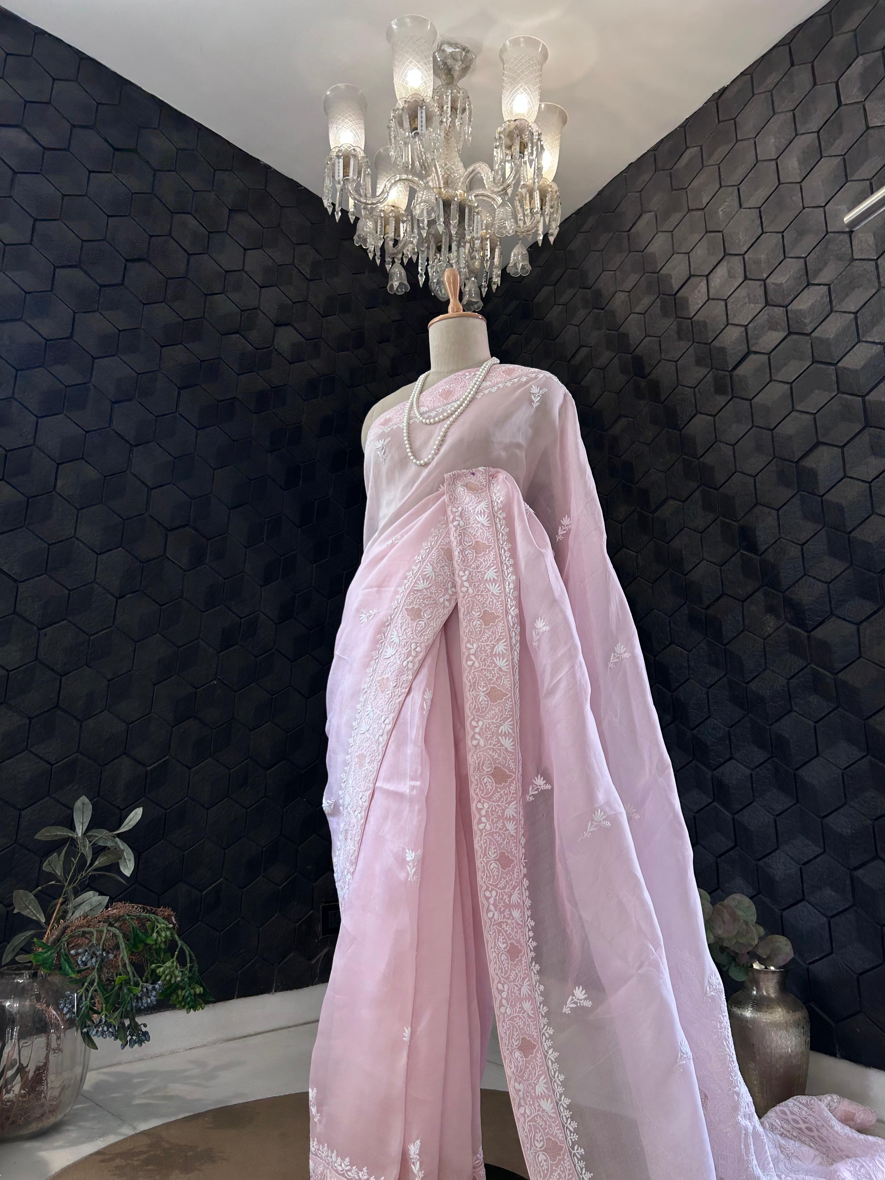 Pink organza chikankari saree