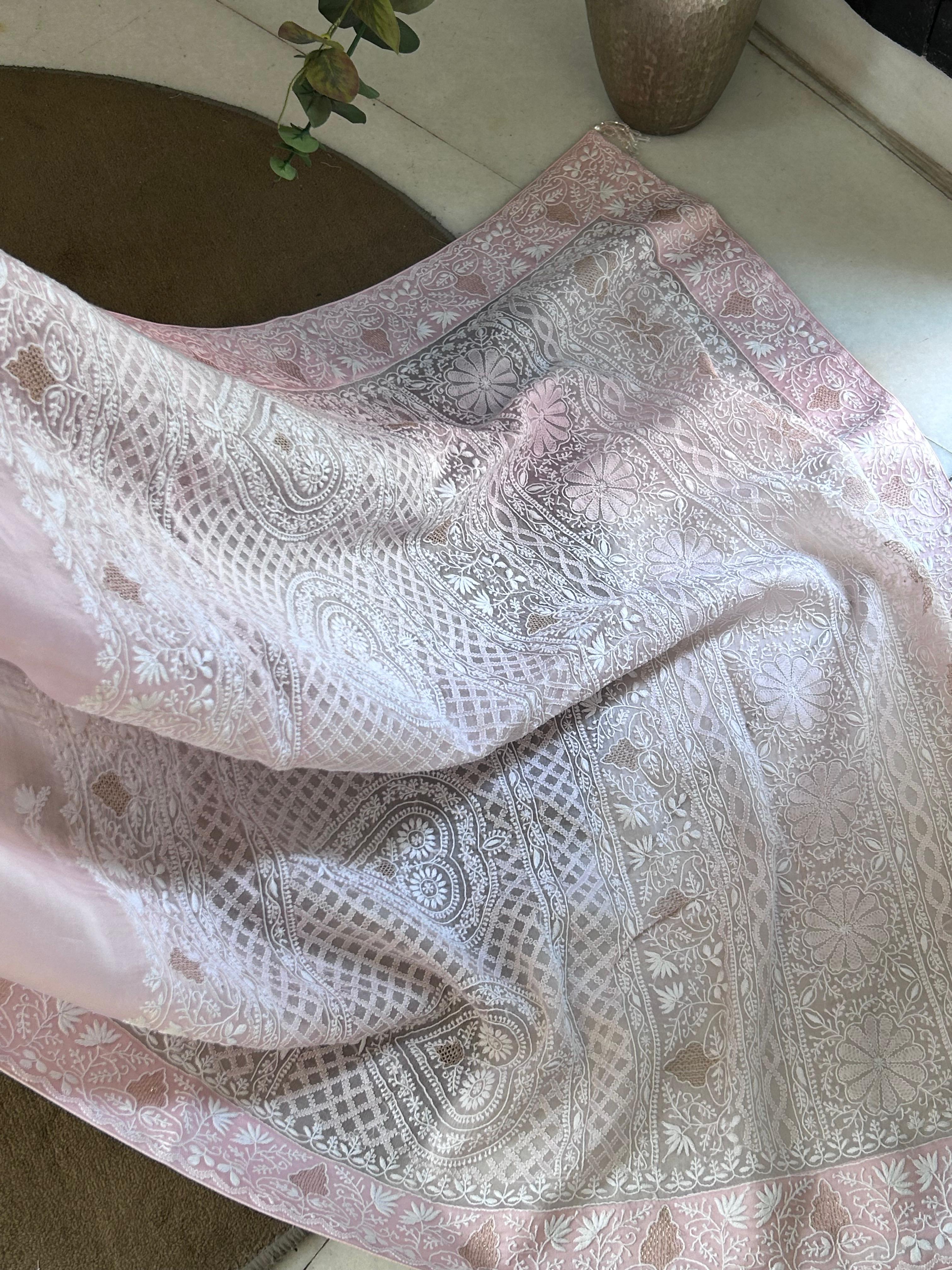 Pink organza chikankari saree
