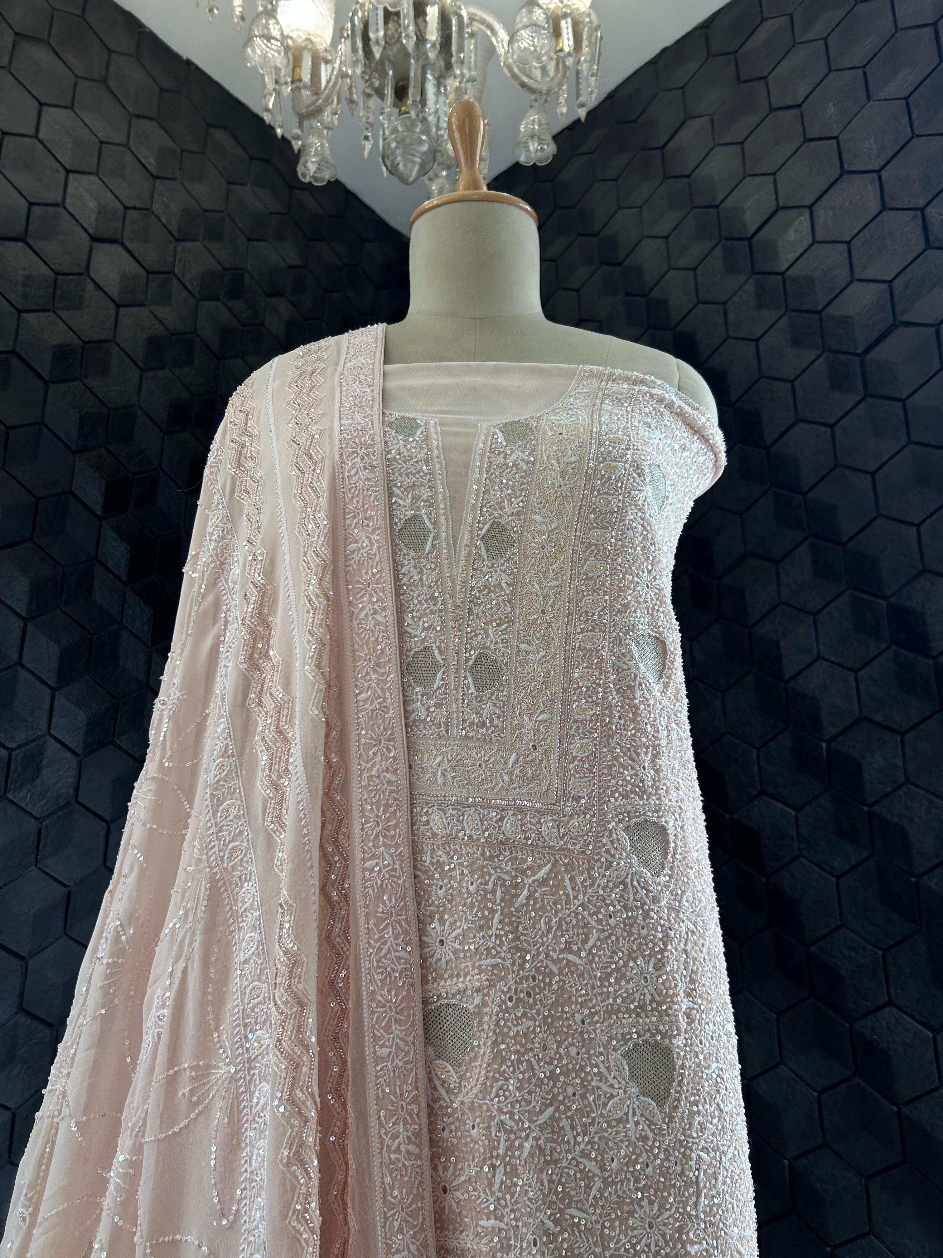 Peach georgette chikankari kurta set with statement jaal work