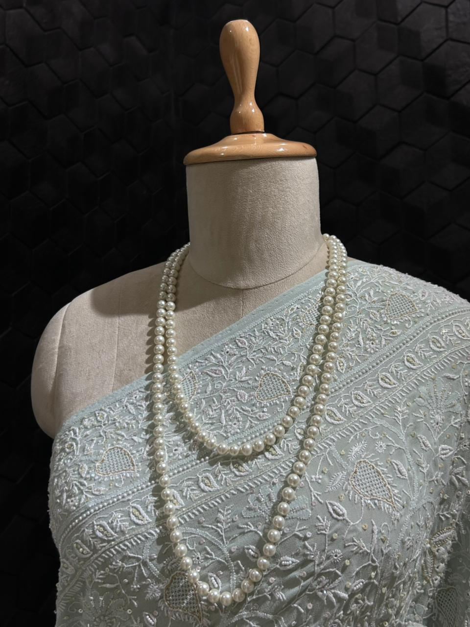 Aqua Blue Georgette Ek-Taar chikankari Saree