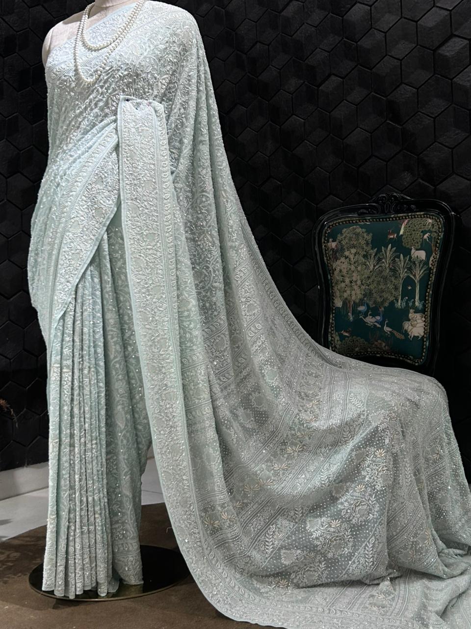 Aqua Blue Georgette Ek-Taar chikankari Saree