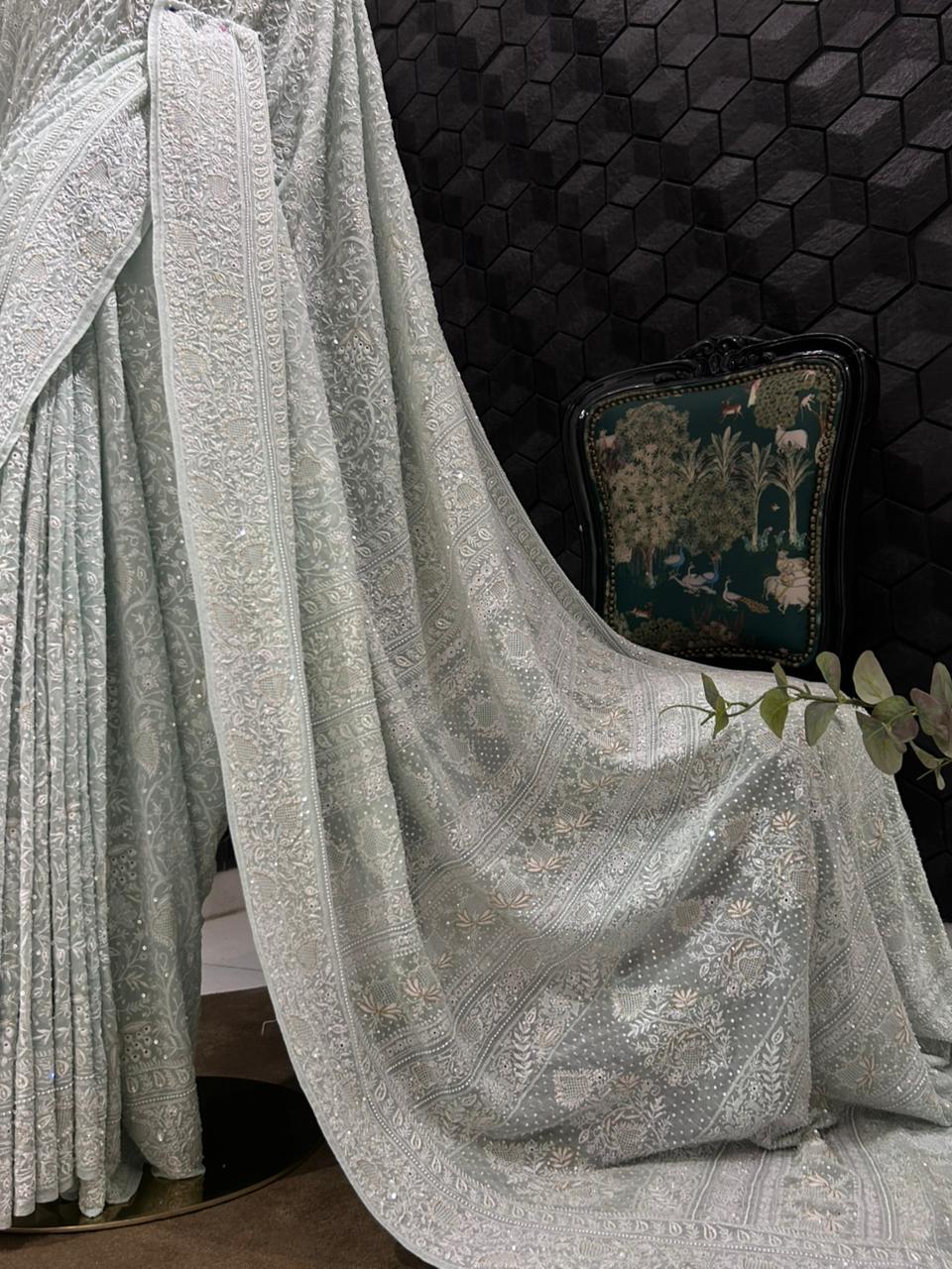 Aqua Blue Georgette Ek-Taar chikankari Saree