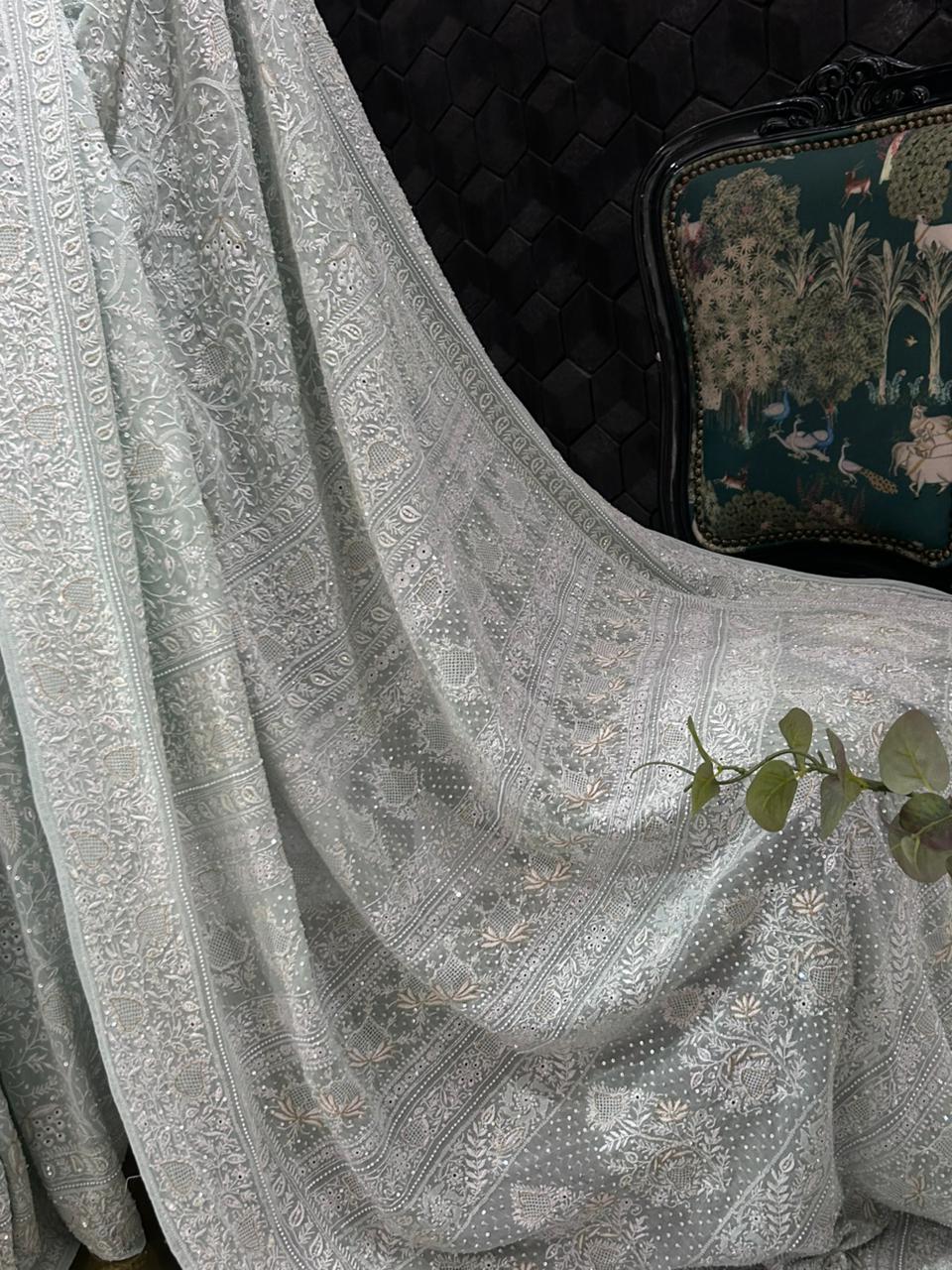 Aqua Blue Georgette Ek-Taar chikankari Saree