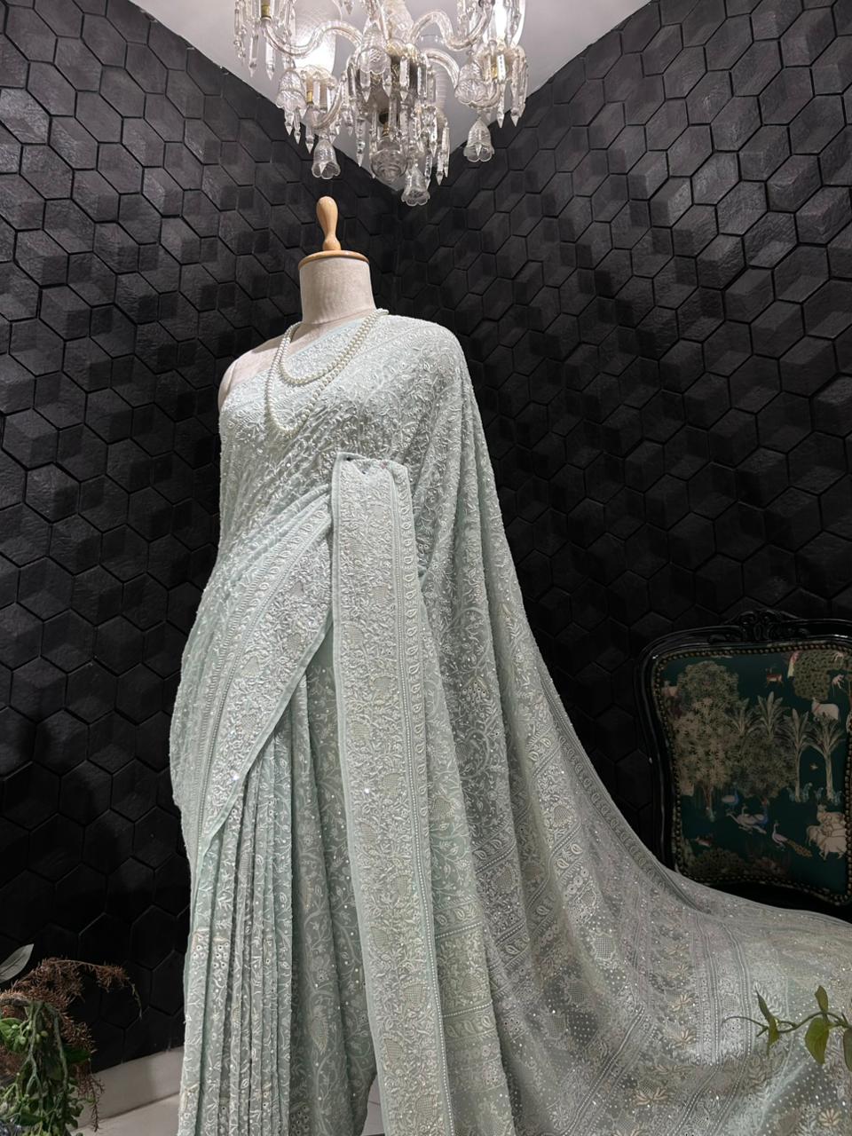 Aqua Blue Georgette Ek-Taar chikankari Saree