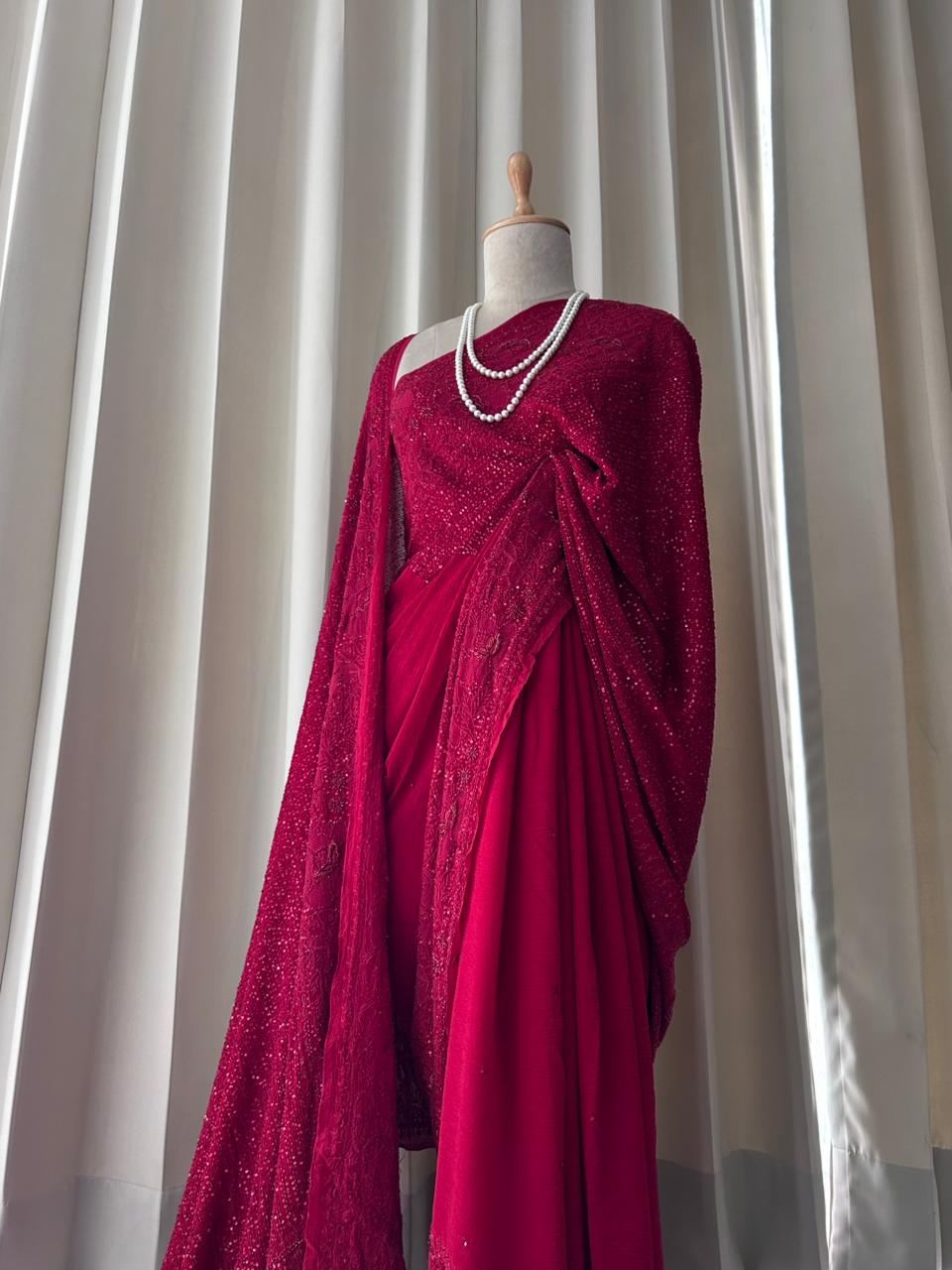 Red georgette chikankari saree