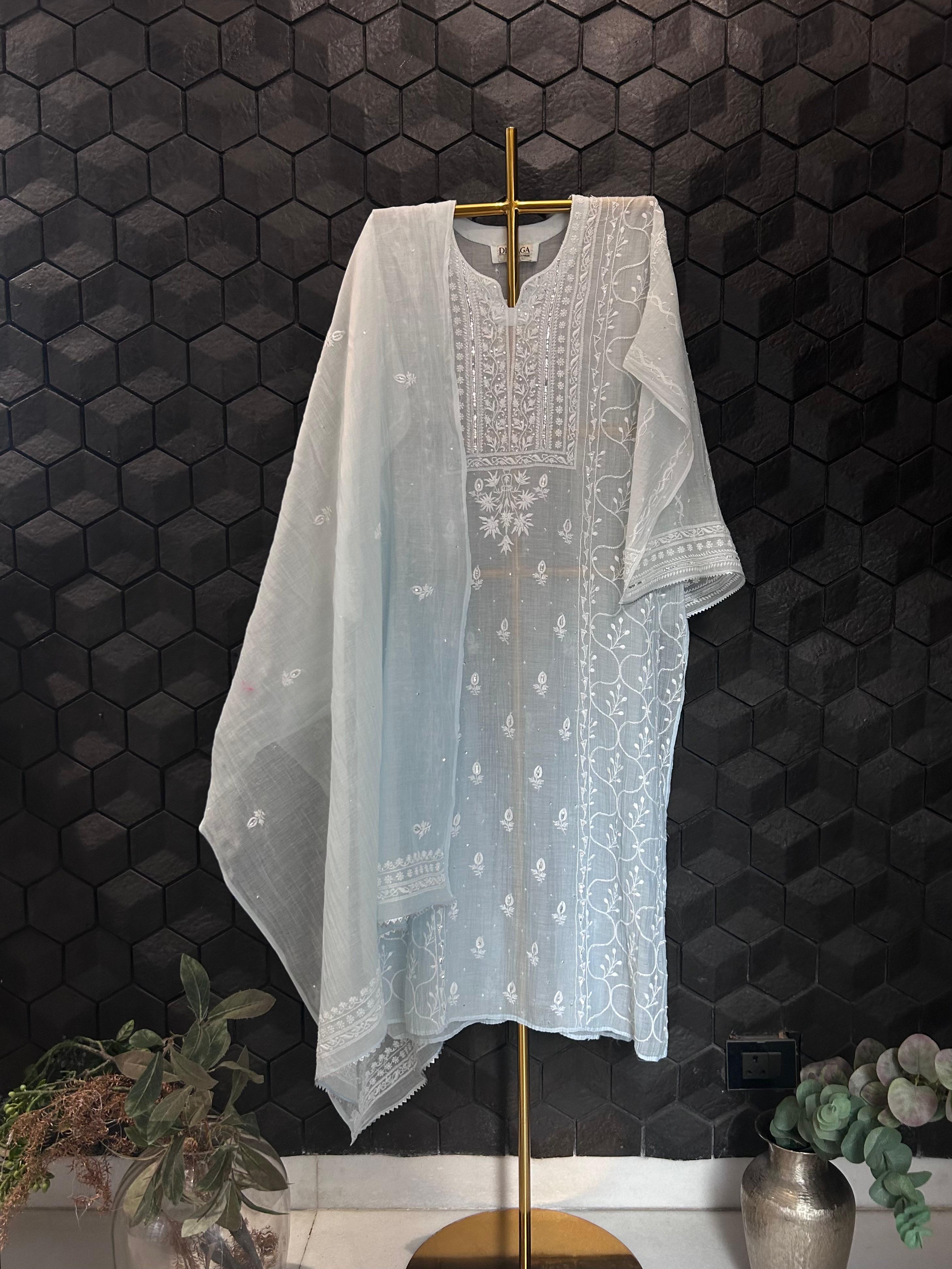 Sky Blue Mull Chanderi chikankari kurta set
