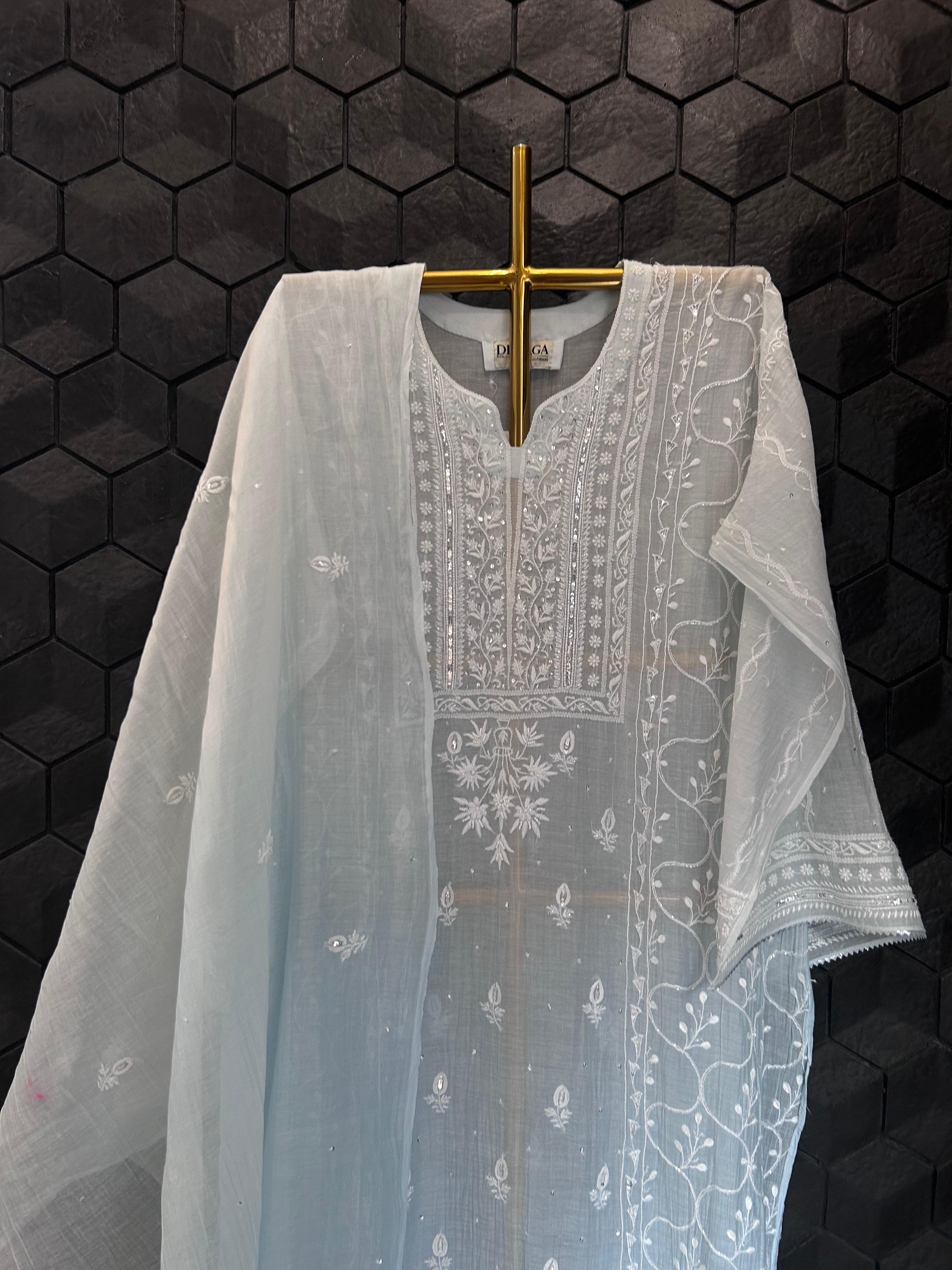 Sky Blue Mull Chanderi chikankari kurta set