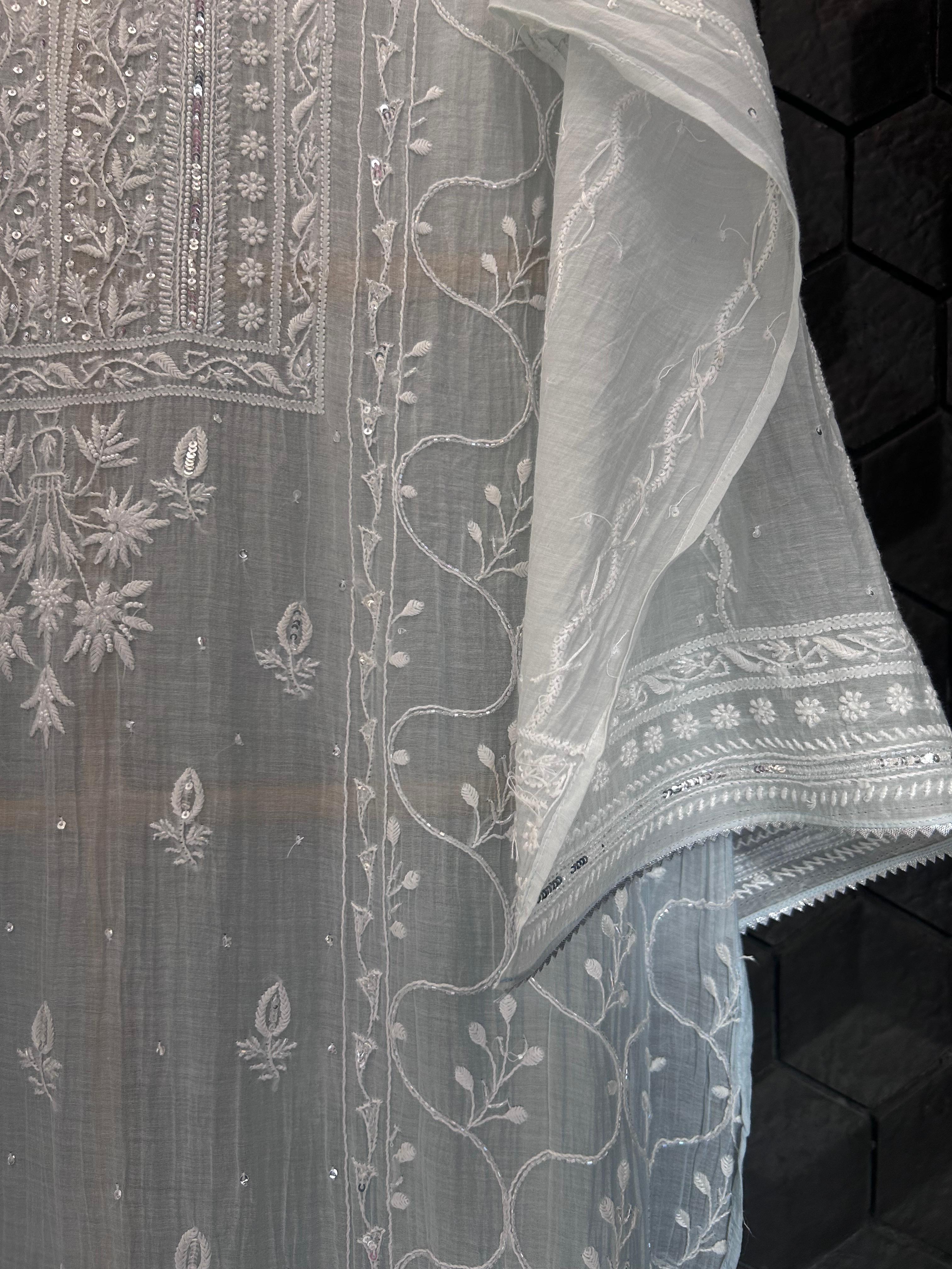 Sky Blue Mull Chanderi chikankari kurta set