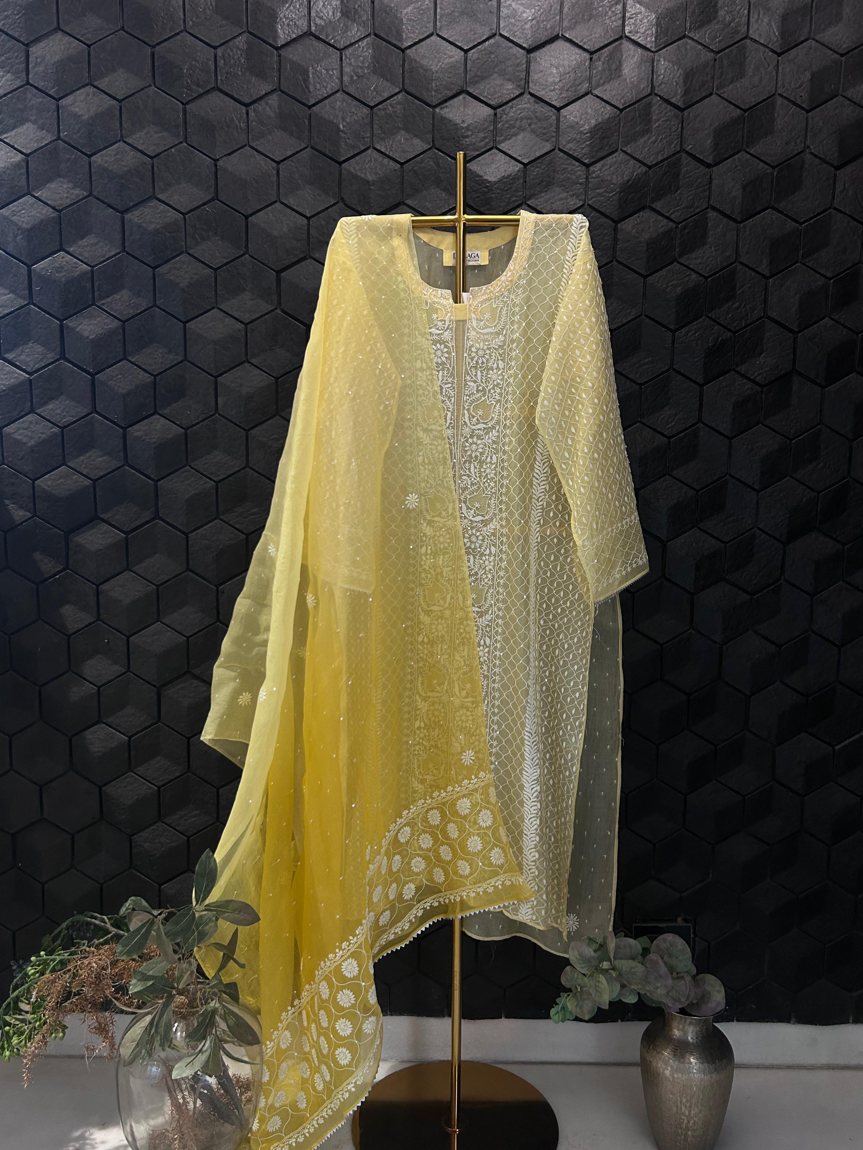 Yellow organza chikankari kurta set