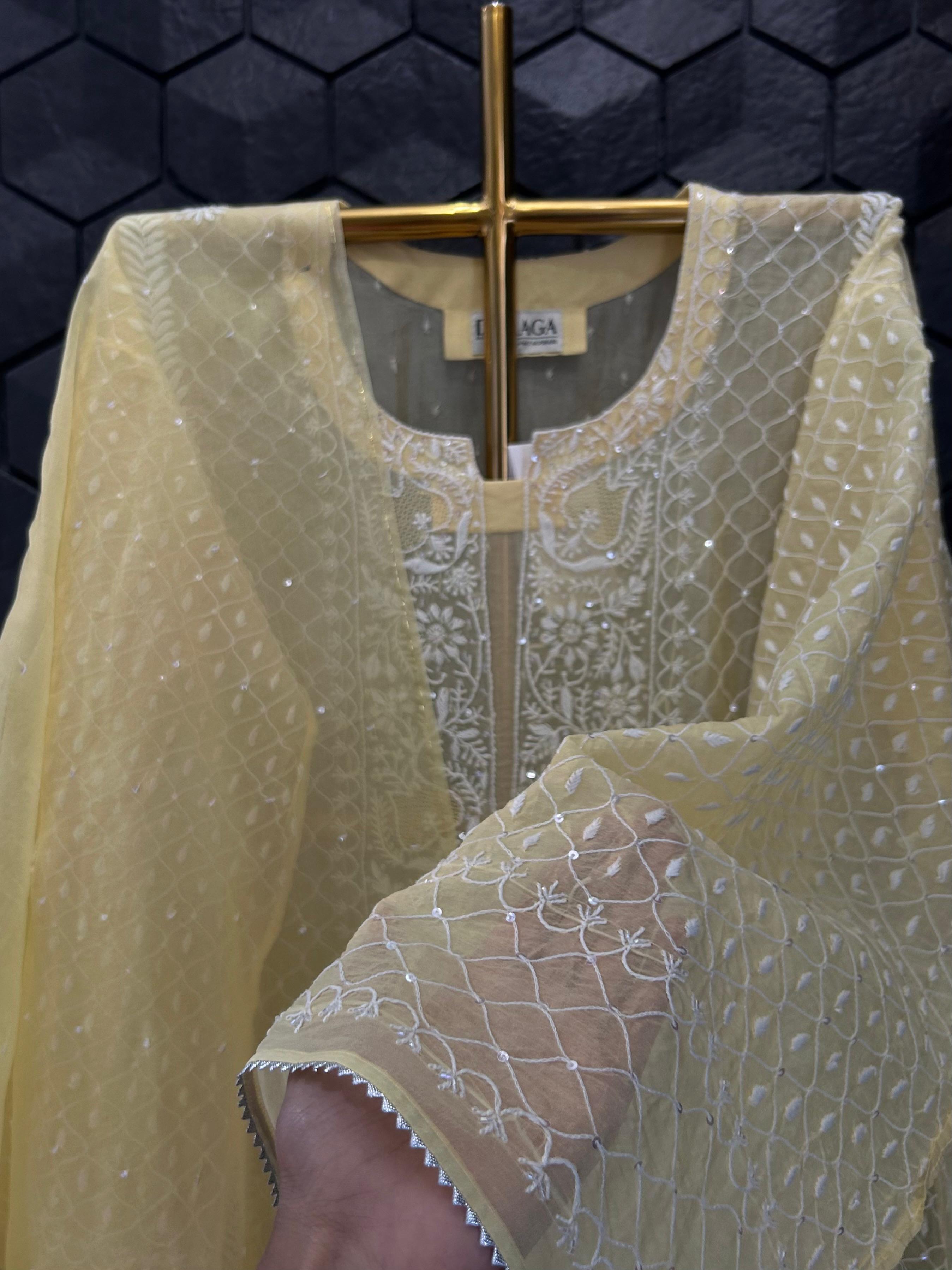 Yellow organza chikankari kurta set