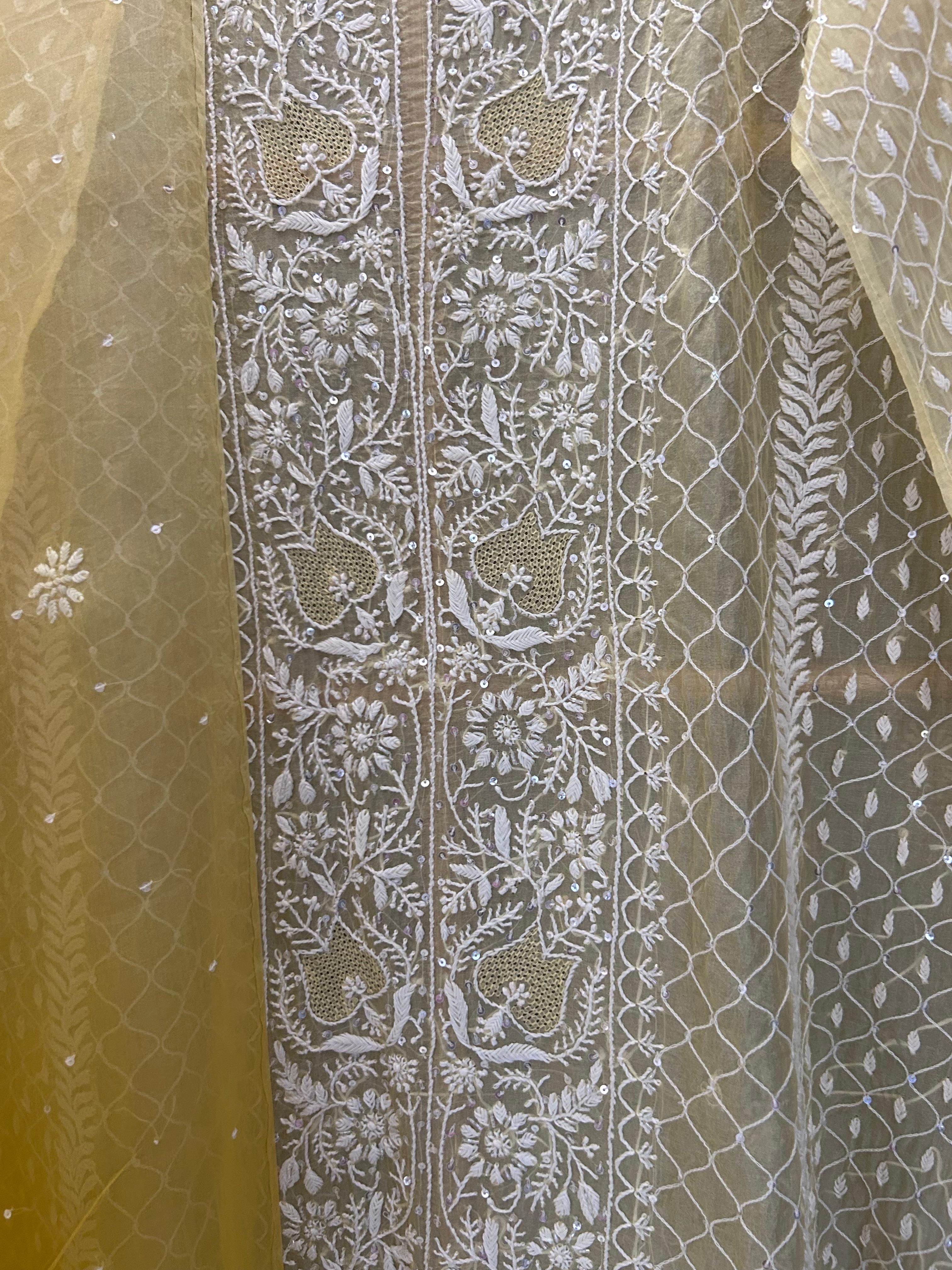 Yellow organza chikankari kurta set