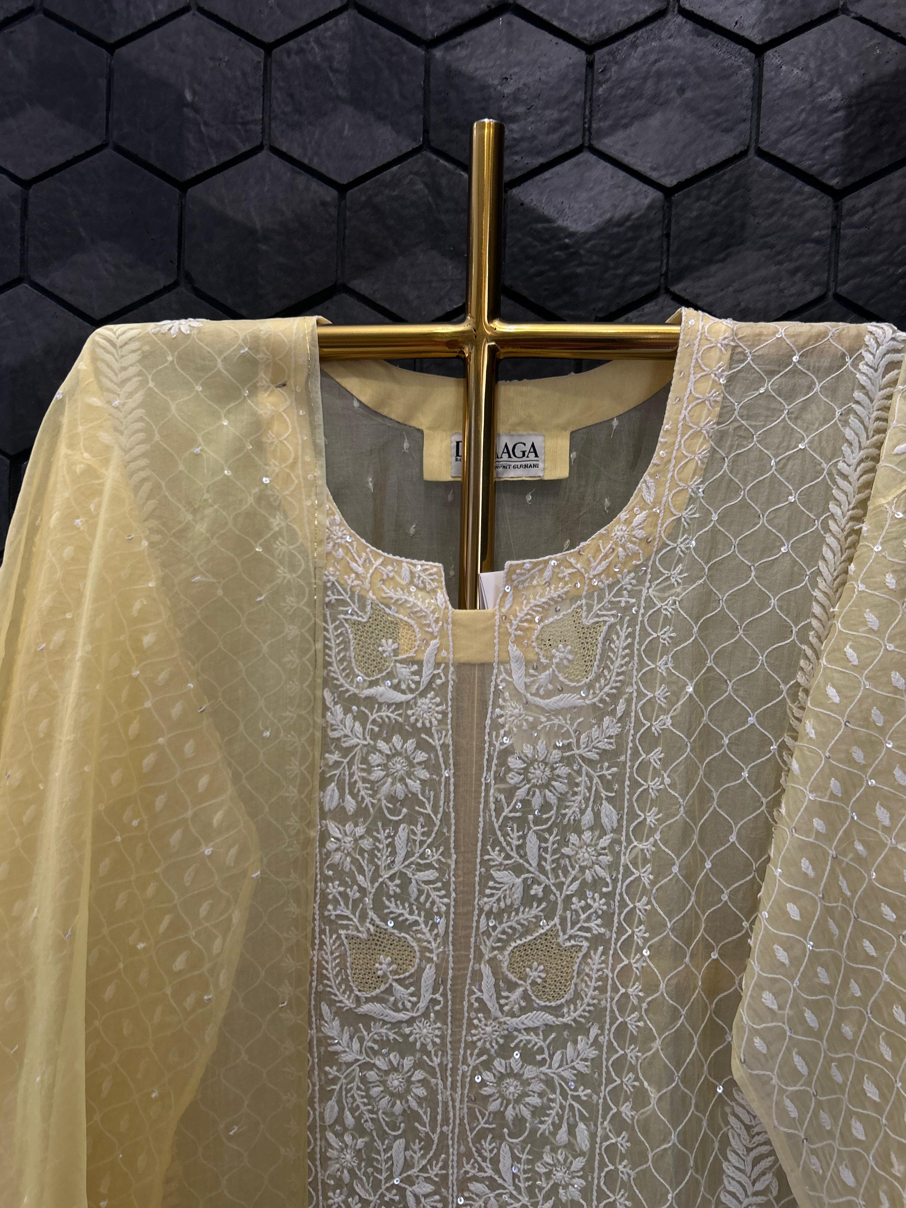 Yellow organza chikankari kurta set