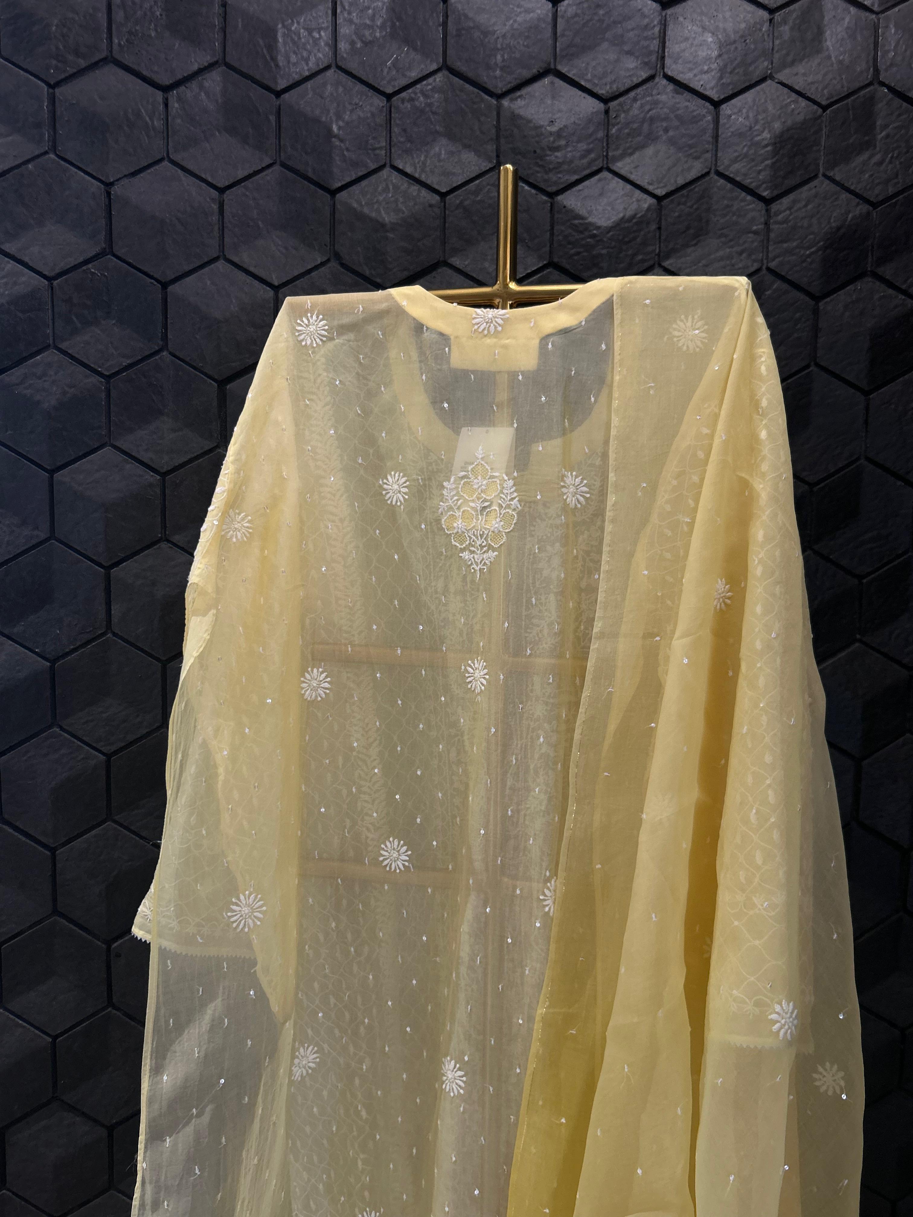 Yellow organza chikankari kurta set