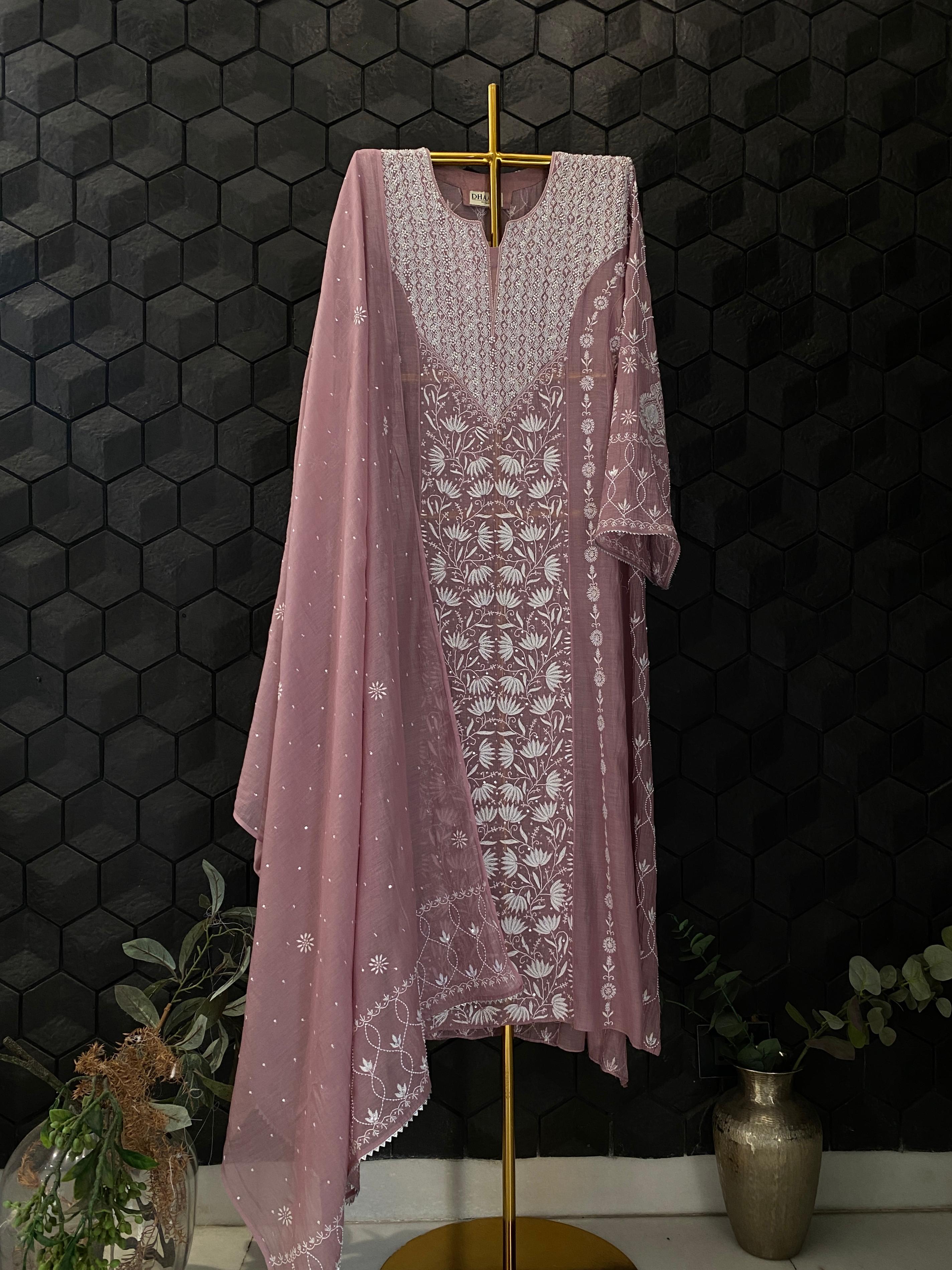 Onion Pink Mul Chanderi Chikankari kurta set