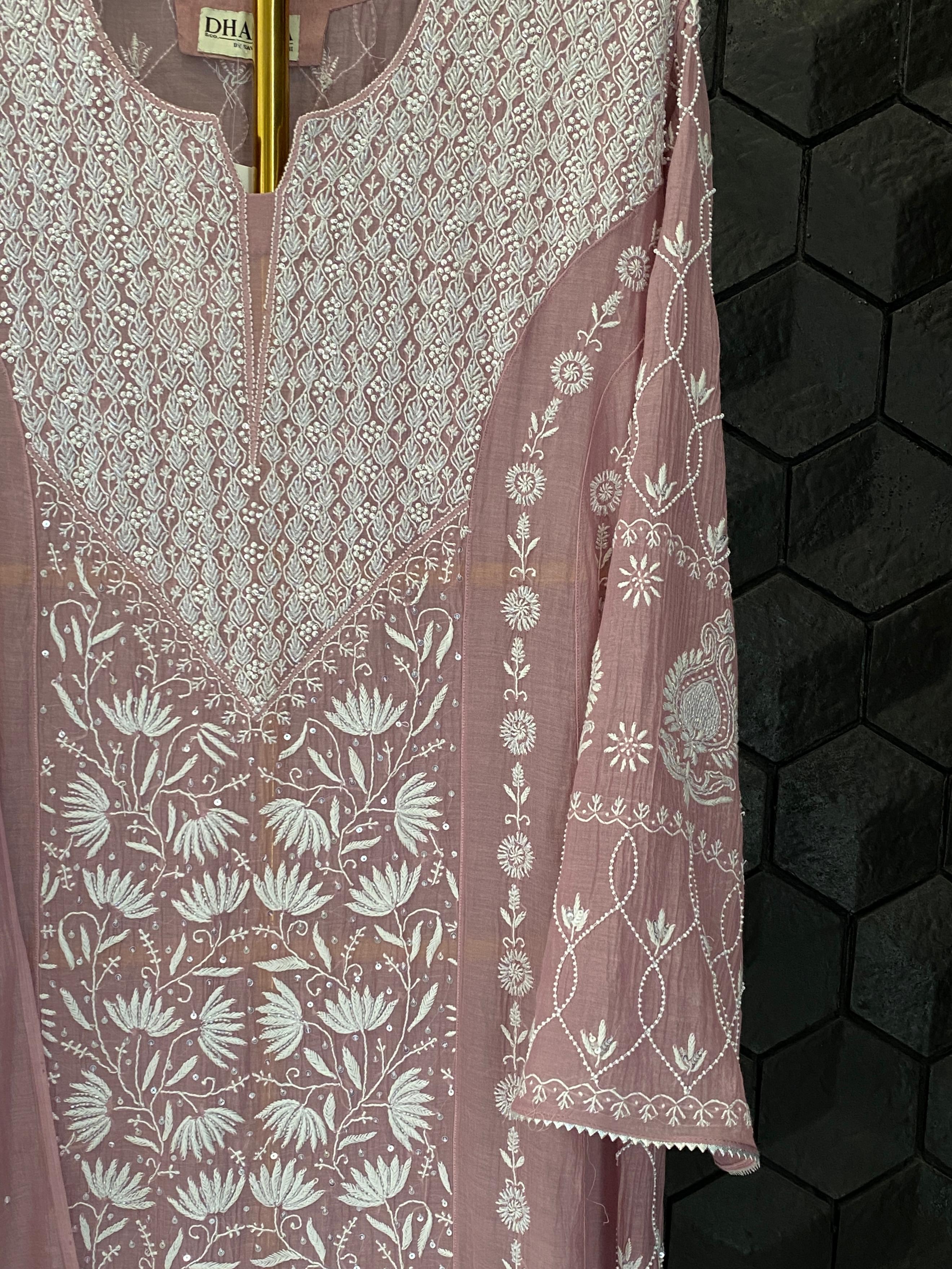 Onion Pink Mul Chanderi Chikankari kurta set