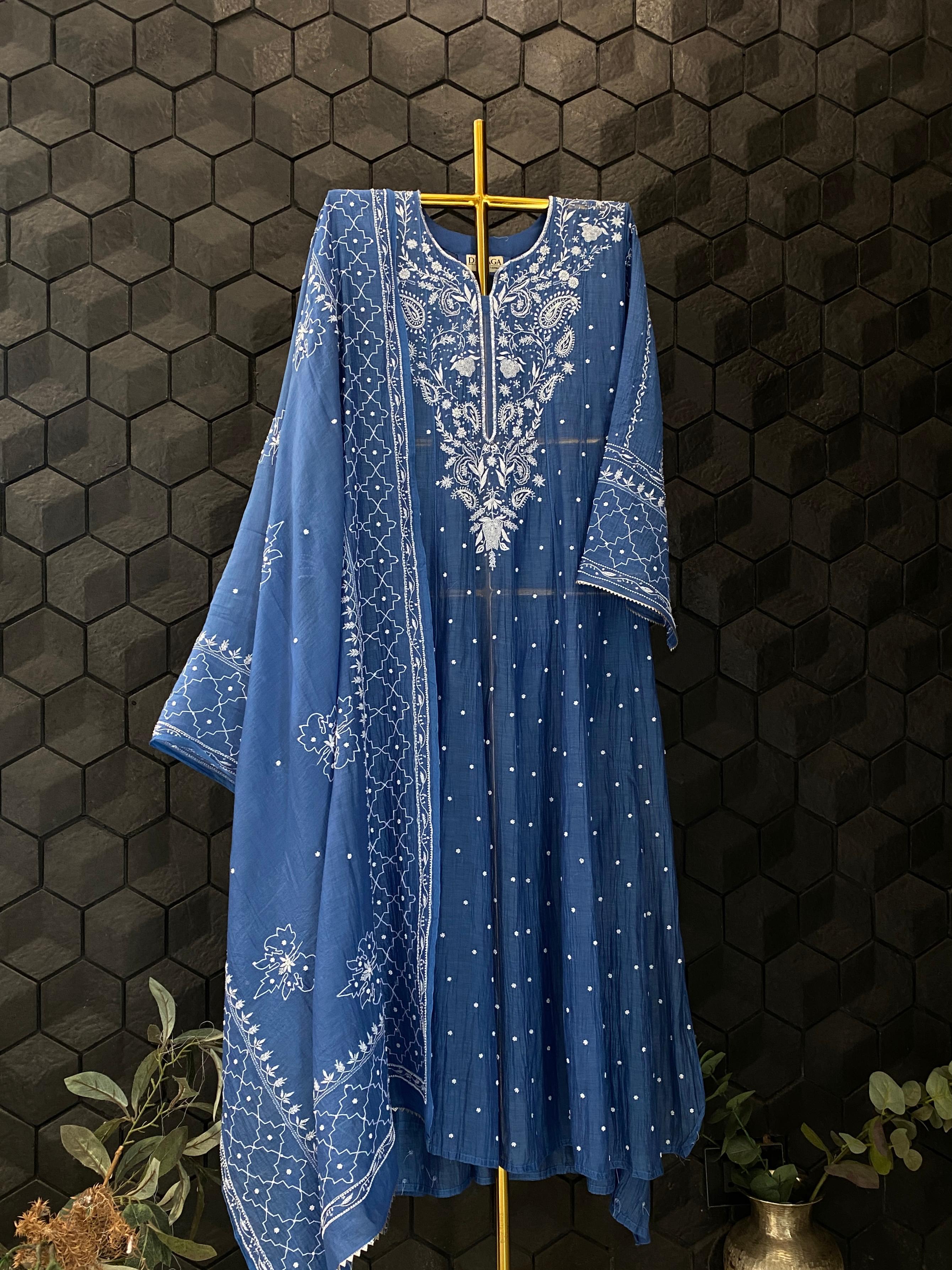 Cobalt blue mul chanderi chikankari anarkali set