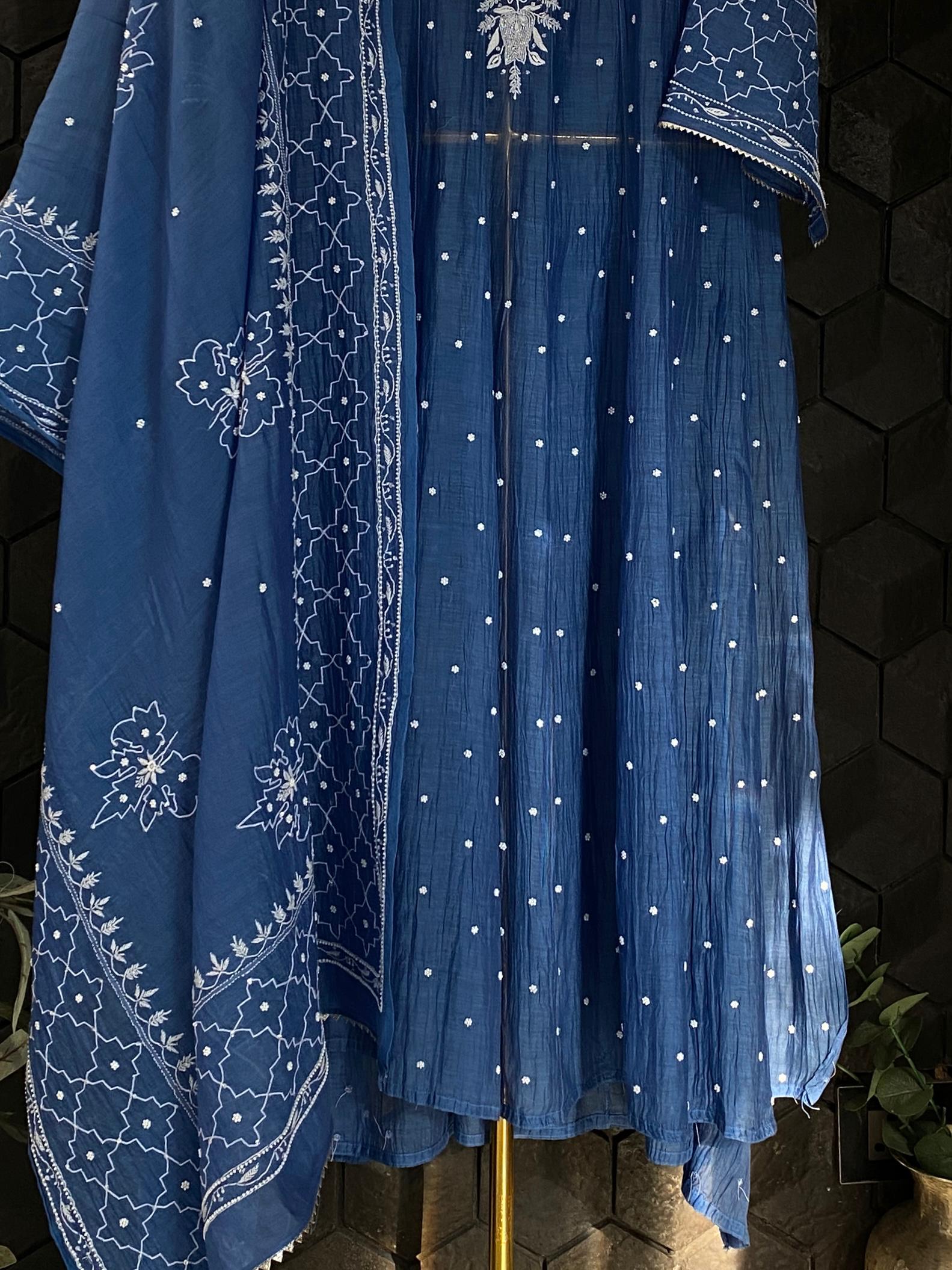 Cobalt blue mul chanderi chikankari anarkali set