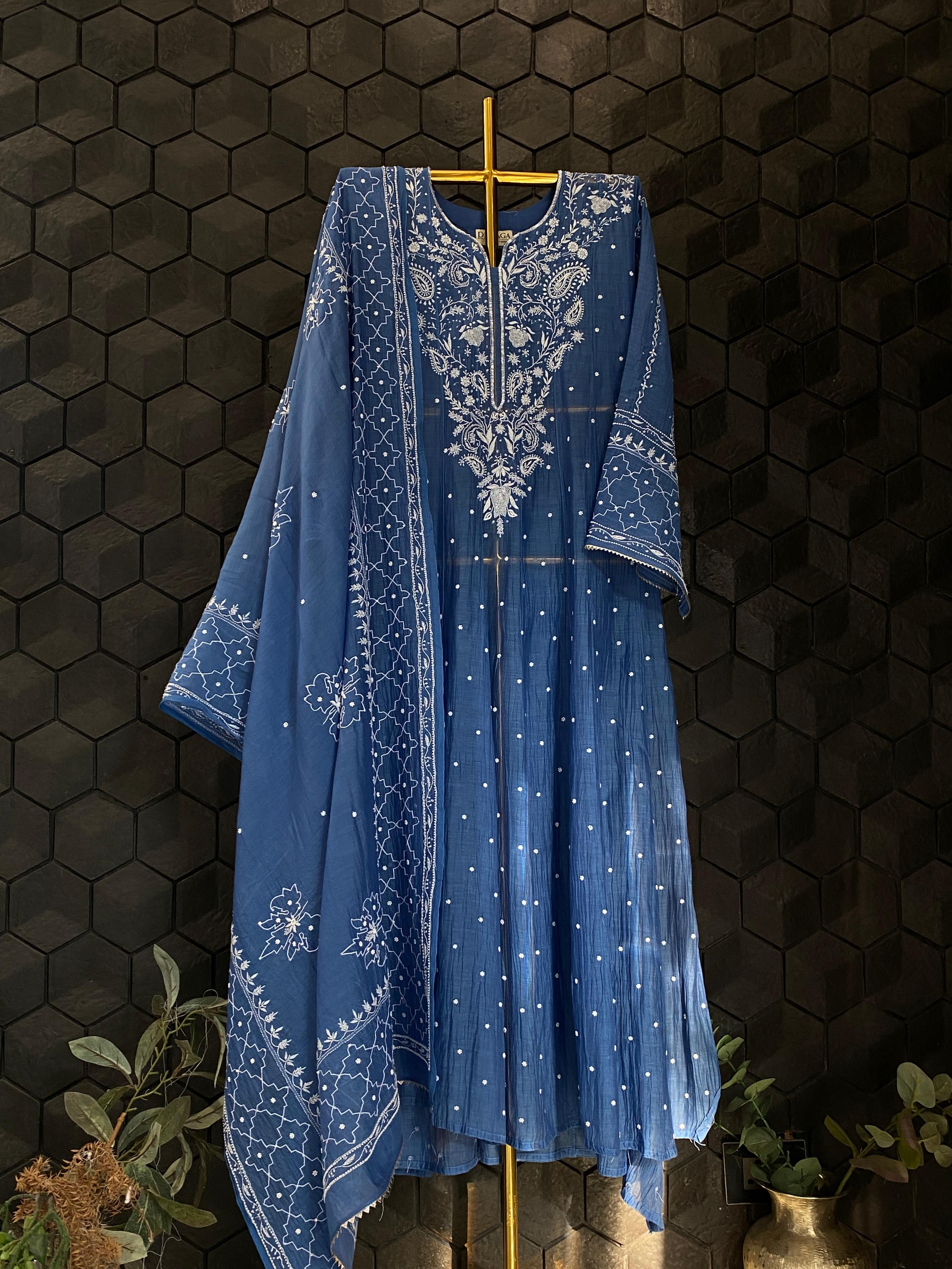 Cobalt blue mul chanderi chikankari anarkali set